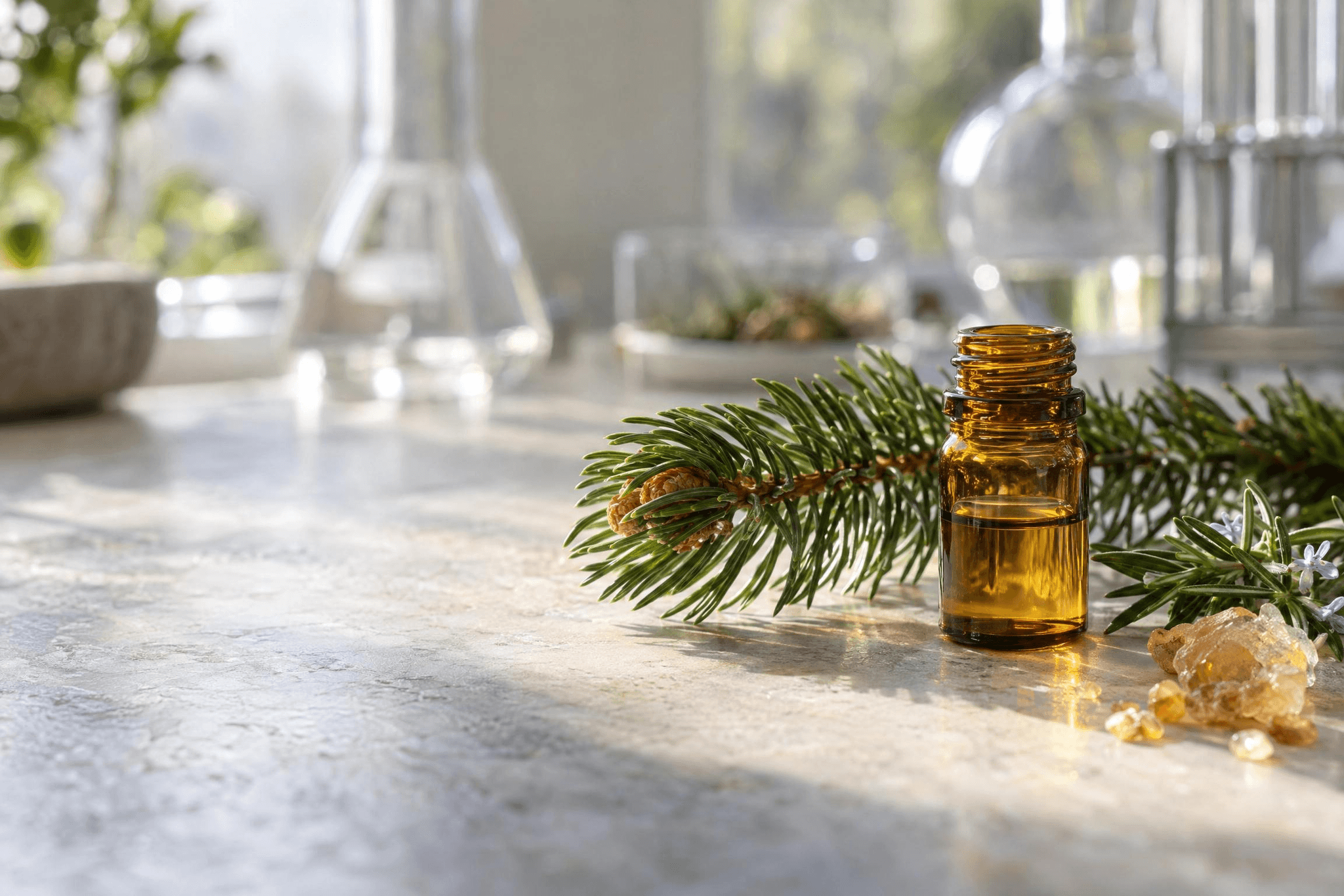Braune Laborflasche mit klarer Flüssigkeit neben einem Nadelzweig, Rosmarin und Harzkristallen auf einer hellen Steinoberfläche.