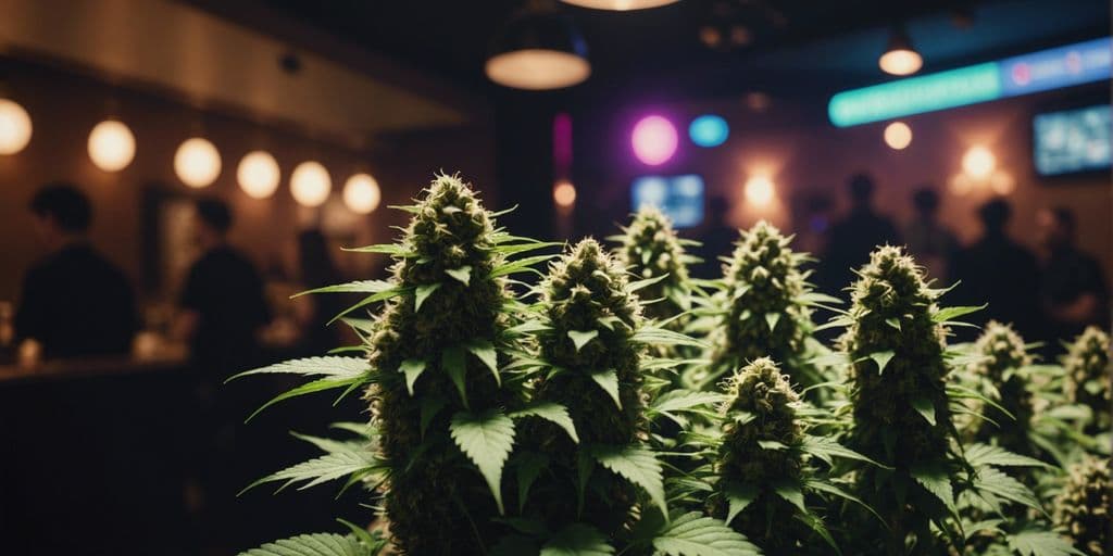 Mehrere Cannabisblüten in einem beleuchteten Lokal, unscharfe Personen im Hintergrund