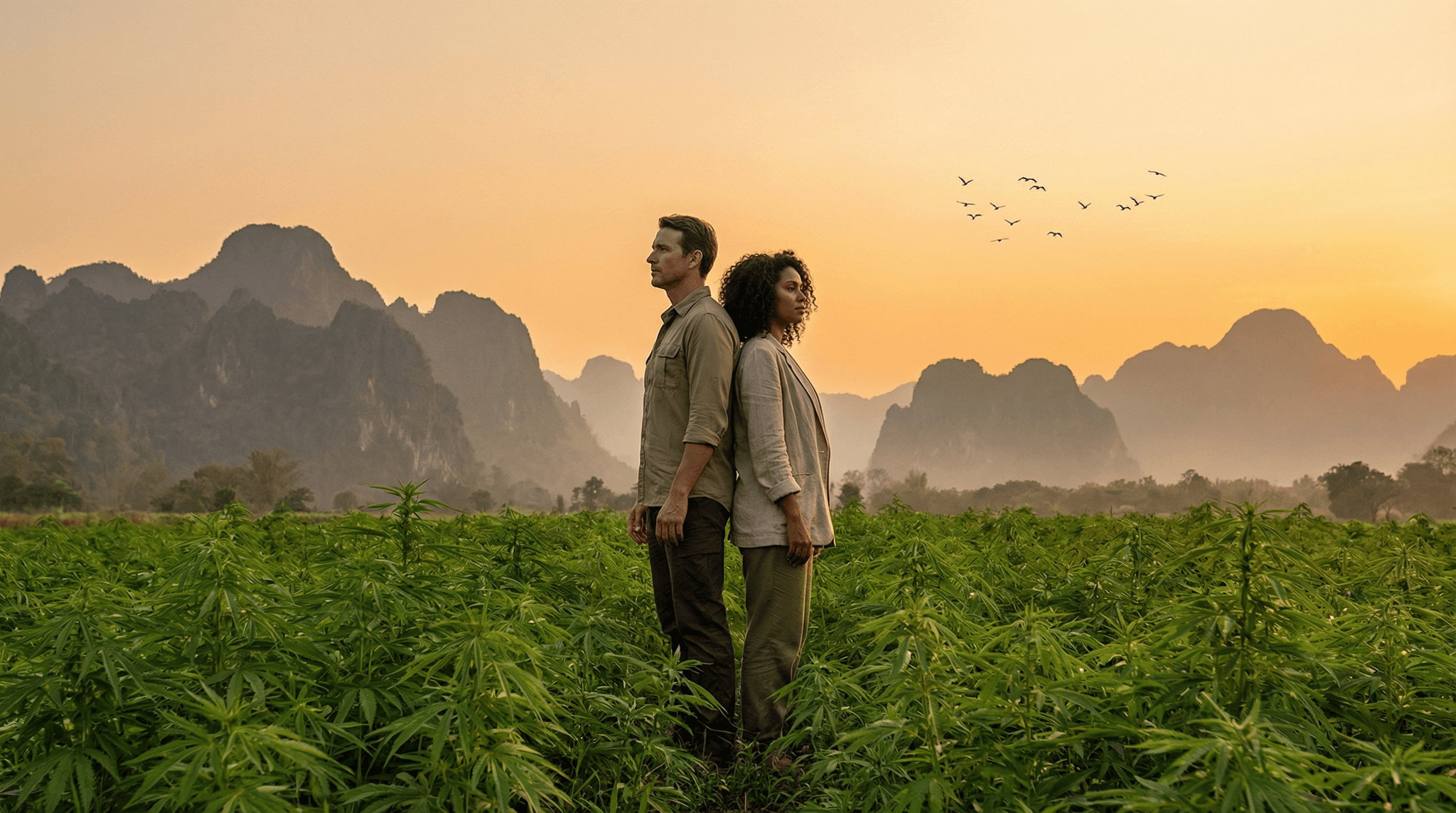 Mann und Frau stehen Rücken an Rücken in einem Cannabisfeld bei Sonnenuntergang – symbolisch für die geschlechtsspezifischen Unterschiede in der Cannabiswirkung.