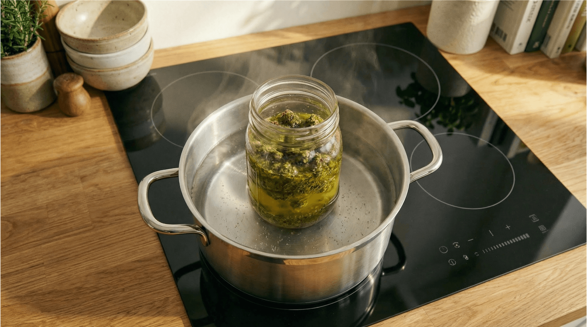 Ein Topf dient als Wasserbad auf dem Herd. In dem Wasserbad befindet sich ein Glas mit Butter und Blüten.