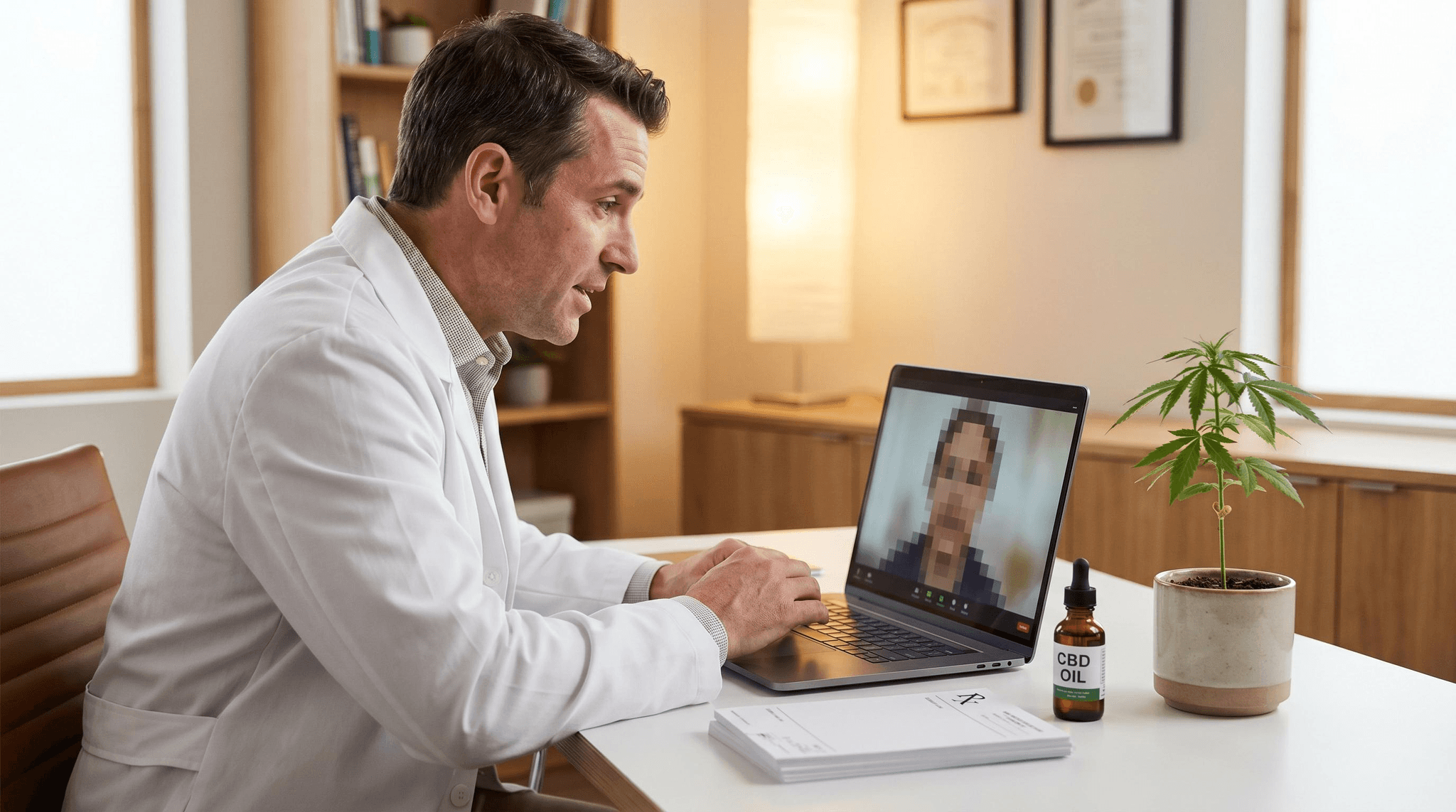 Arzt mit Spezialisierung auf medizinisches Cannabis führt per Laptop eine Telemedizin-Konsultation durch – Telemedizinplattformen erleichtern den Zugang zu cannabiskundigen Ärzten erheblich.
