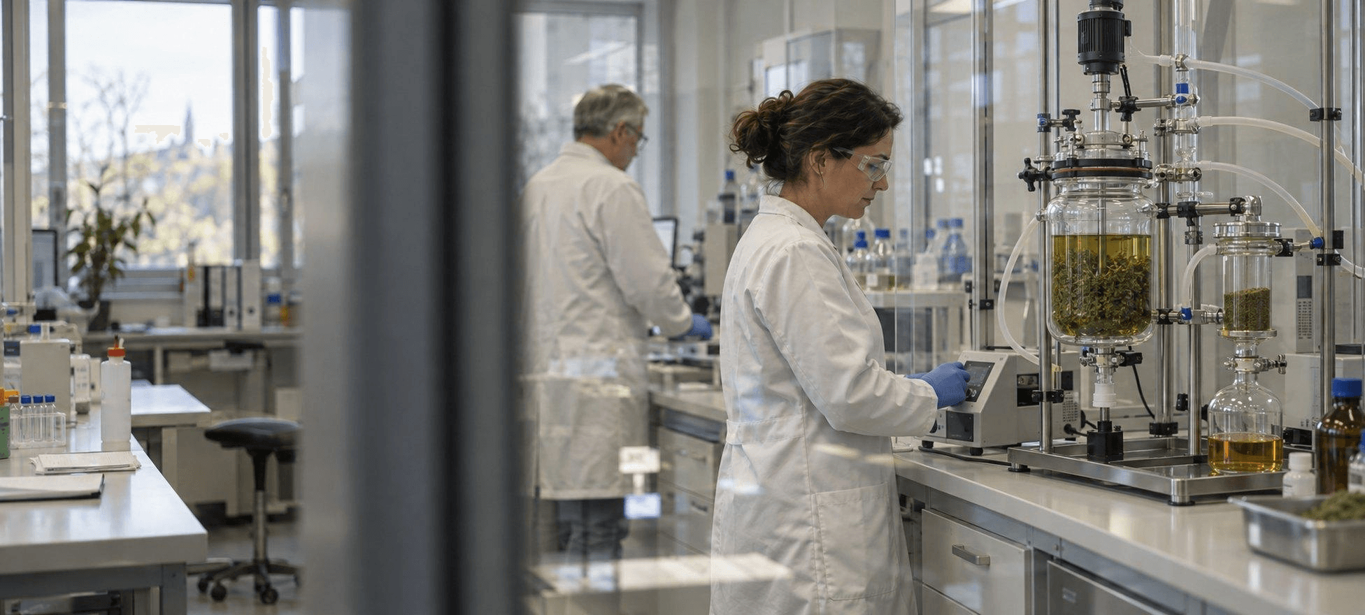 Blick durch Glas auf eine Laborfachkraft an einer Extraktionsapparatur mit grünem Pflanzenmaterial in Flüssigkeit; rechts steht ein Auffanggefäß mit bernsteinfarbener Flüssigkeit.