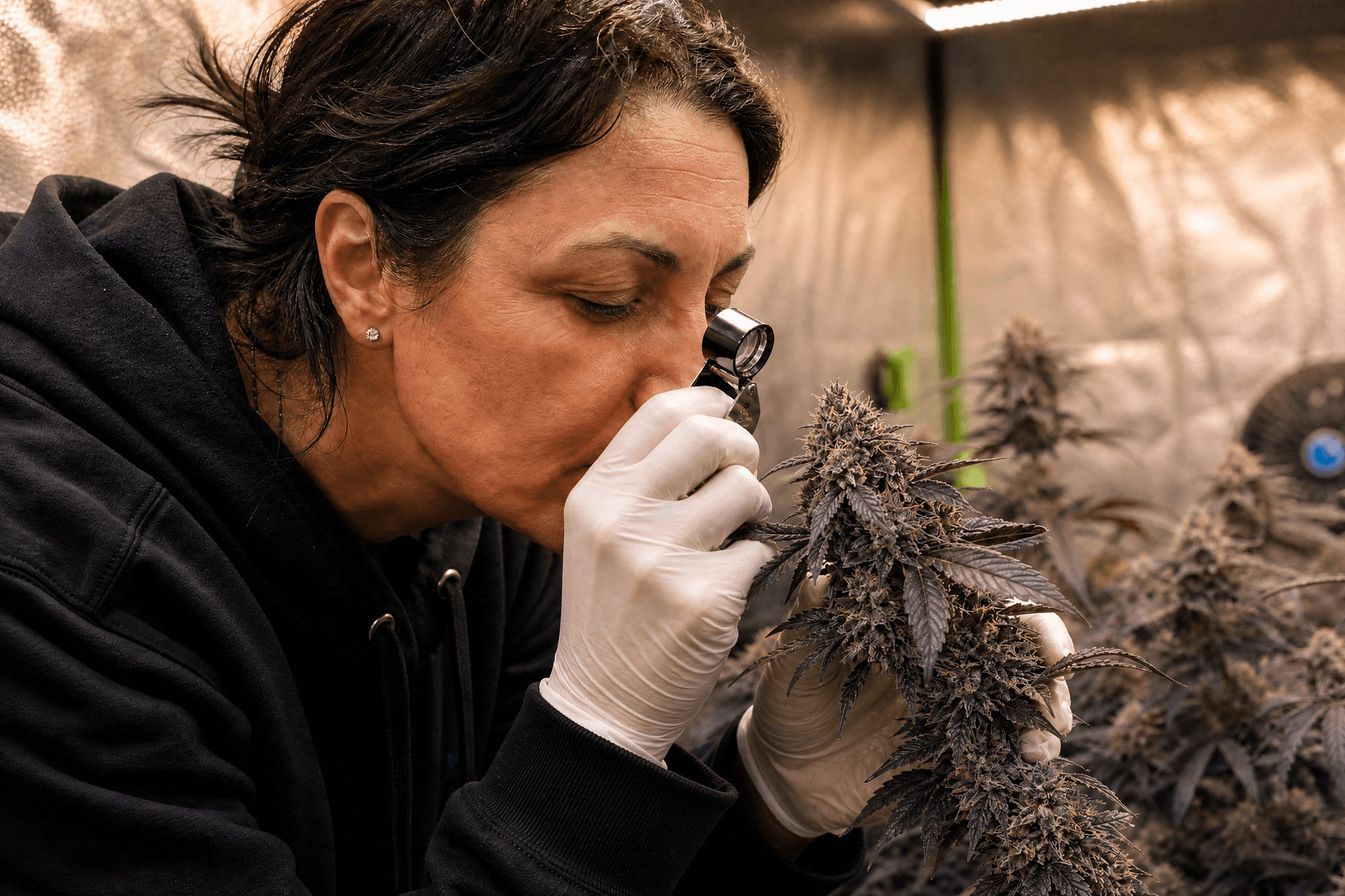 Eine Frau mittleren Alters mit weißen Latexhandschuhen begutachtet konzentriert eine dichte, tief violett-lila gefärbte Cannabisblüte mit einer Juwelier-Lupe in einem Indoor-Growzelt. Die Blüte zeigt intensive Anthocyan-Färbung und ist mit Trichomen bedeckt; im Hintergrund weitere violett getönte Cannabispflanzen unter warmem Growlicht.