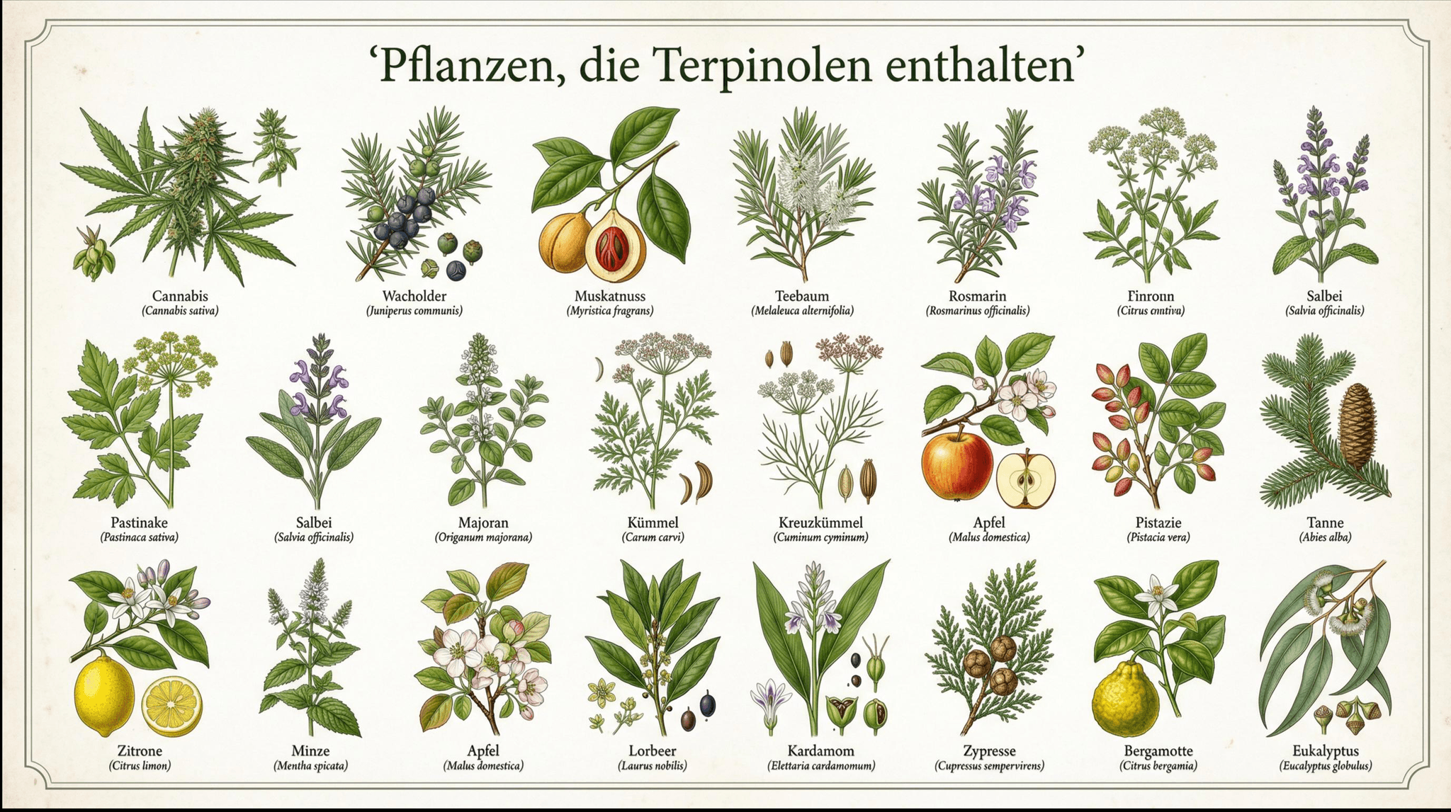 Botanische Illustration mit dem Titel „Pflanzen, die Terpinolen enthalten": Übersicht von 22 gezeichneten Pflanzen mit deutschen und lateinischen Namen, darunter Cannabis