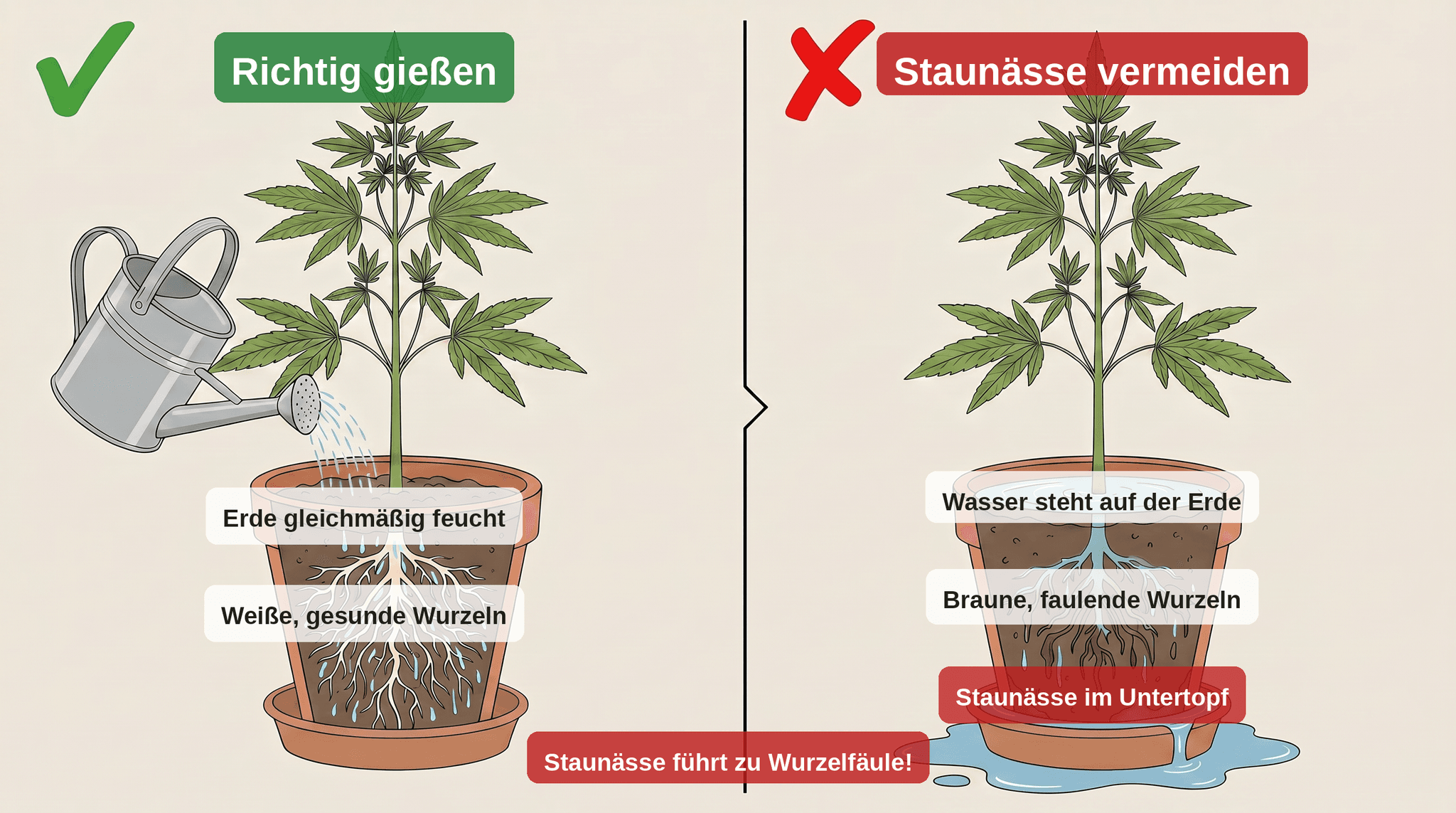 Illustration zum richtigen Gießen von Cannabispflanzen: Links eine gesunde Pflanze mit gleichmäßig feuchter Erde und weißen Wurzeln, rechts eine Pflanze mit Staunässe – Wasser steht auf der Erde und im Untertopf, die Wurzeln sind braun und faulend.