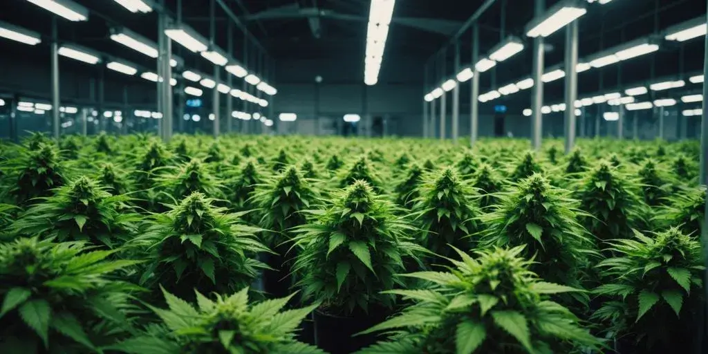 Reihen blühender Cannabispflanzen in großem Indoor-Gewächshaus unter LED-Licht