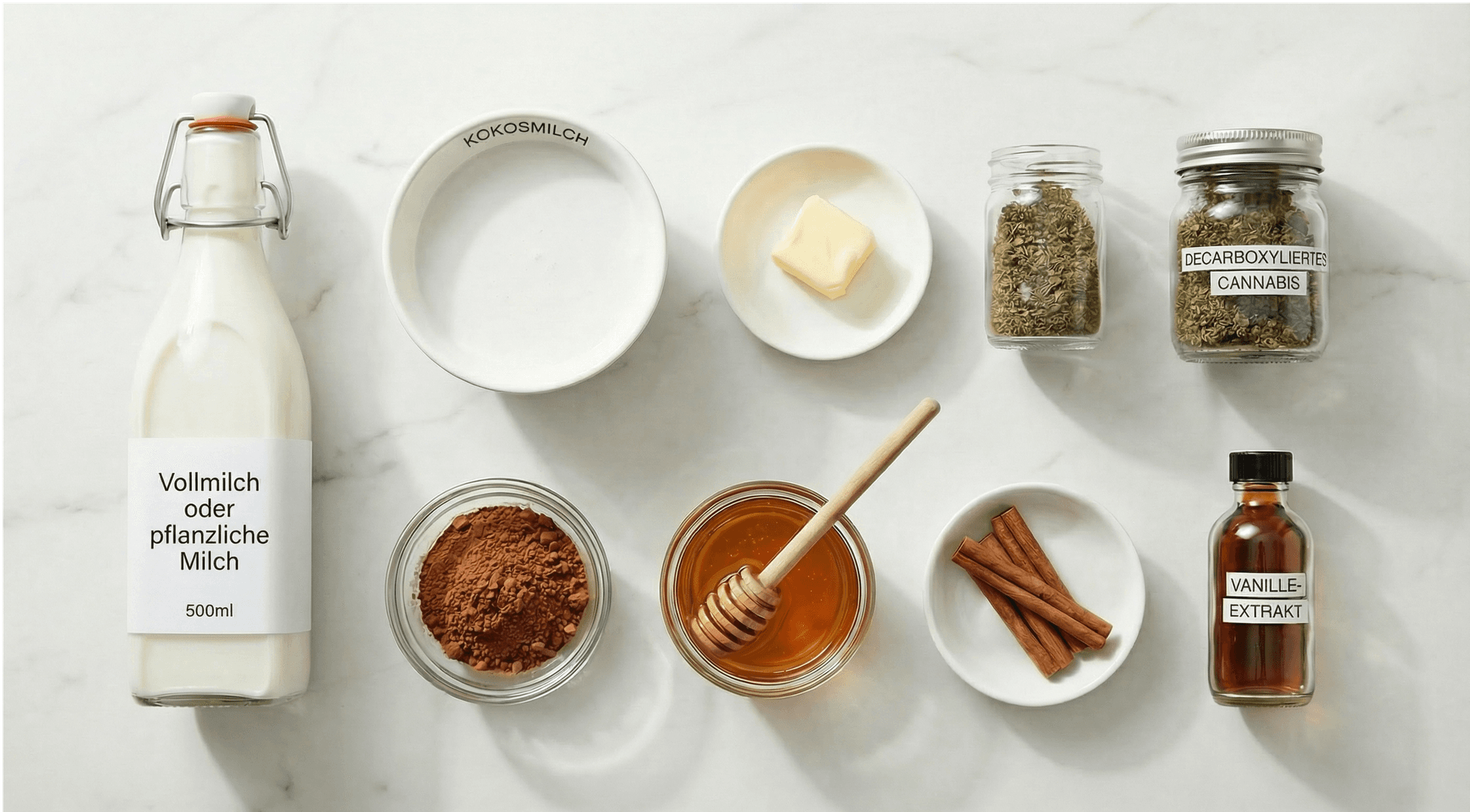 Alle Zutaten für das Rezept für Cannabis Milch stehen bereit