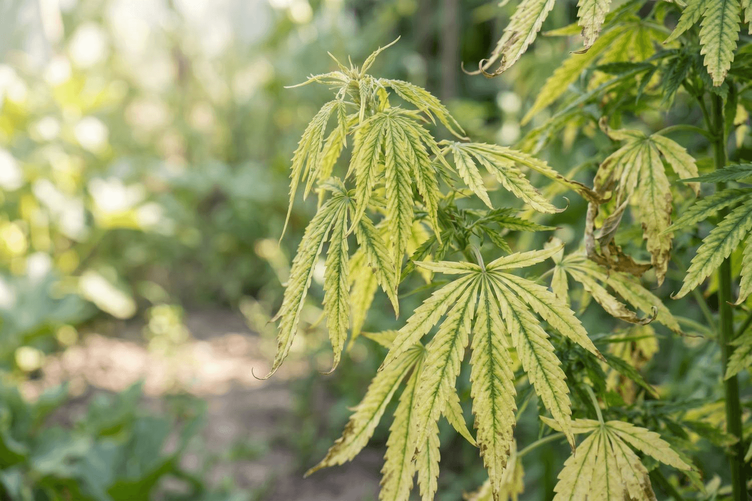 Nahaufnahme einer Cannabispflanze mit vergilbten, hängenden Blättern und braunen Blatträndern – typische Symptome einer pH-bedingten Nährstoffsperre. Natürliches Seitenlicht, unscharfer grüner Hintergrund.