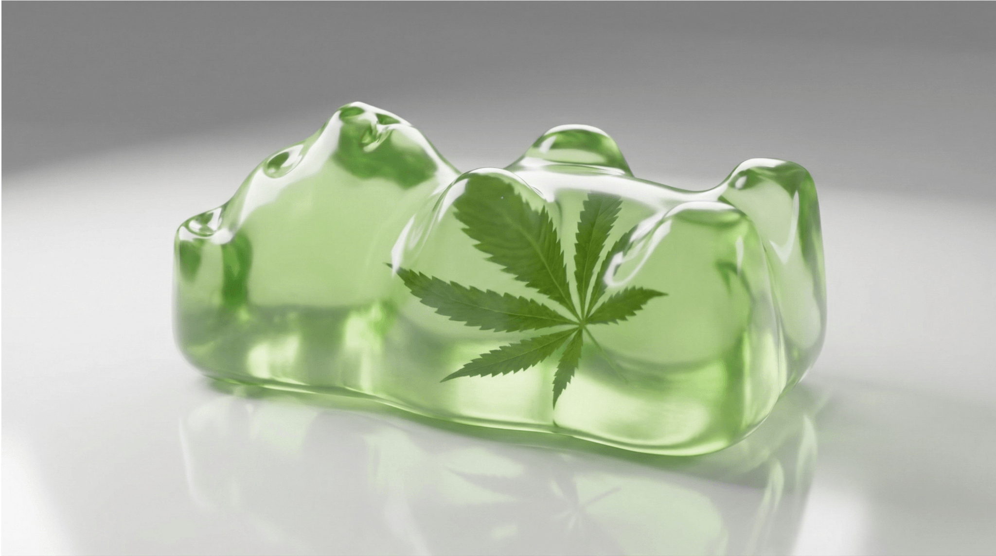 Grünes transparentes THC Gummibärchen mit Cannabisblatt