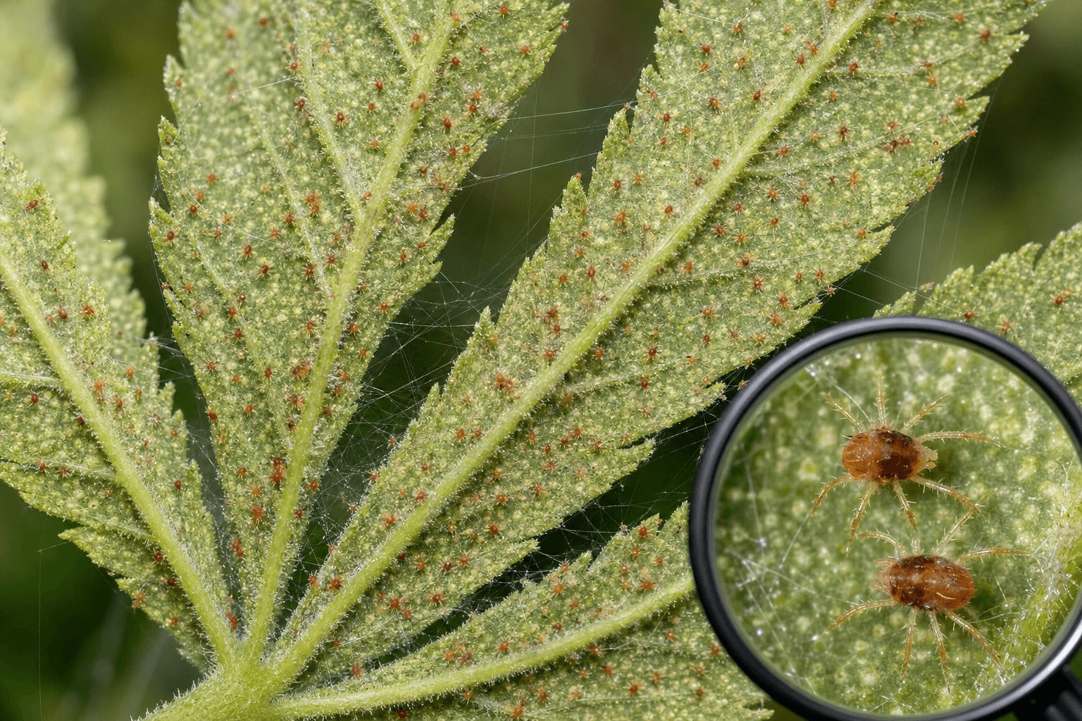 Cannabisblatt mit starkem Spinnmilbenbefall: Unterseite übersät mit roten Milben und feinen Gespinsten – Spinnmilben verursachen gelbe Stippling-Punkte auf der Blattoberseite und sind eine häufige Ursache für gelbe Blätter beim Cannabisanbau.