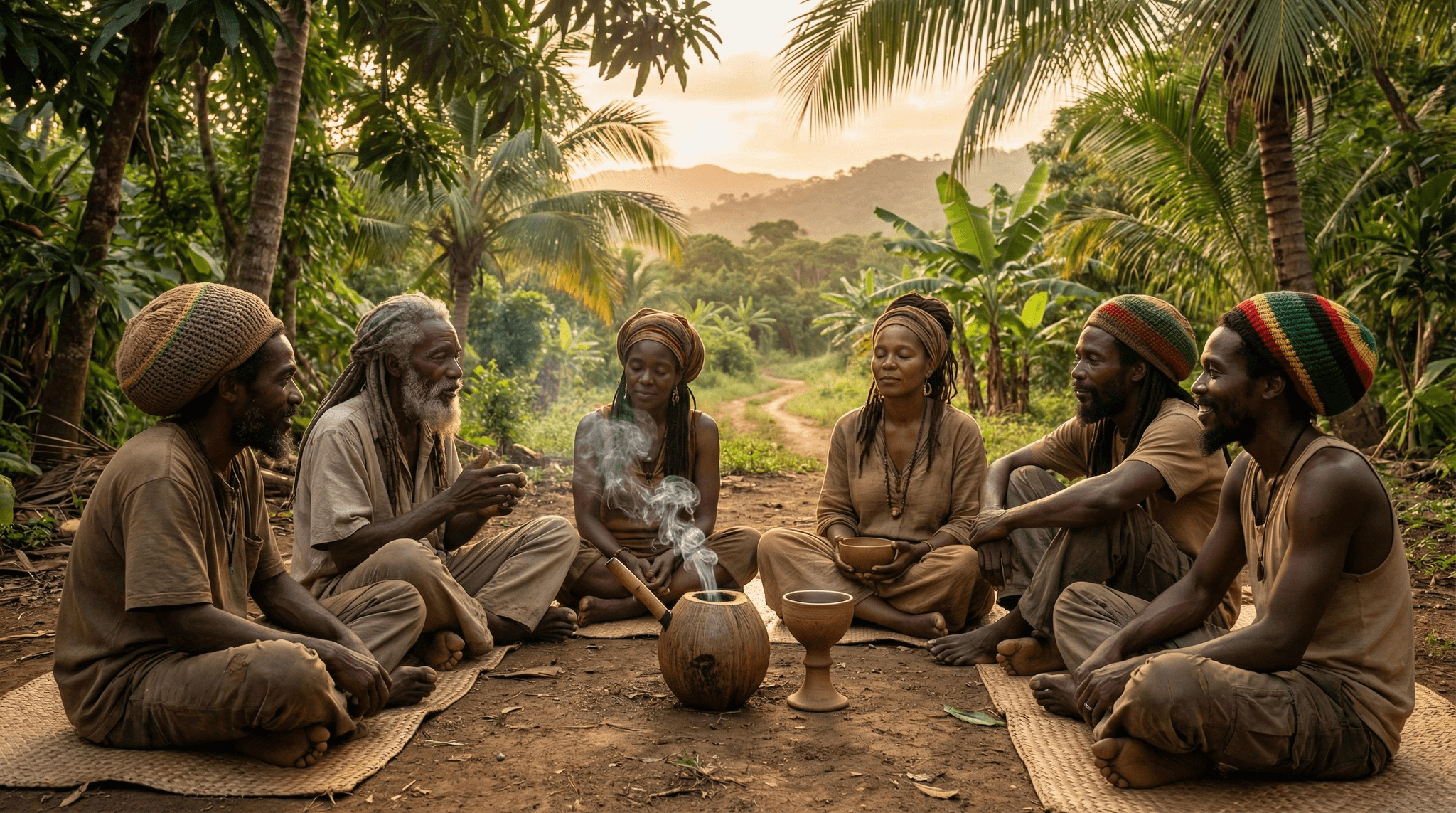 Rastafari-Gemeinschaft beim Grounding: Eine Gruppe sitzt im Kreis in jamaikanischer Natur, in der Mitte eine Chalice – Symbol der gemeinsamen spirituellen Ganja-Zeremonie.