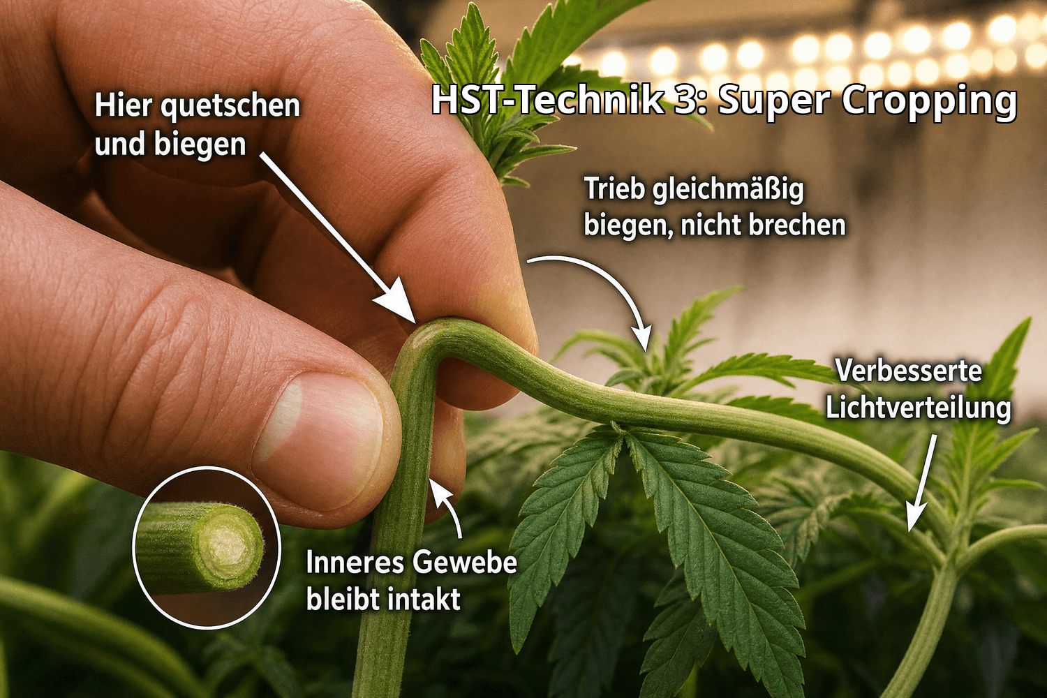 Nahaufnahme einer Hand, die einen Cannabistrieb gleichmäßig zwischen Daumen und Zeigefinger quetscht und biegt, ohne ihn zu brechen. Beschriftungen erklären Biegeposition, intaktes inneres Gewebe und verbesserte Lichtverteilung – HST-Technik Super Cropping.
