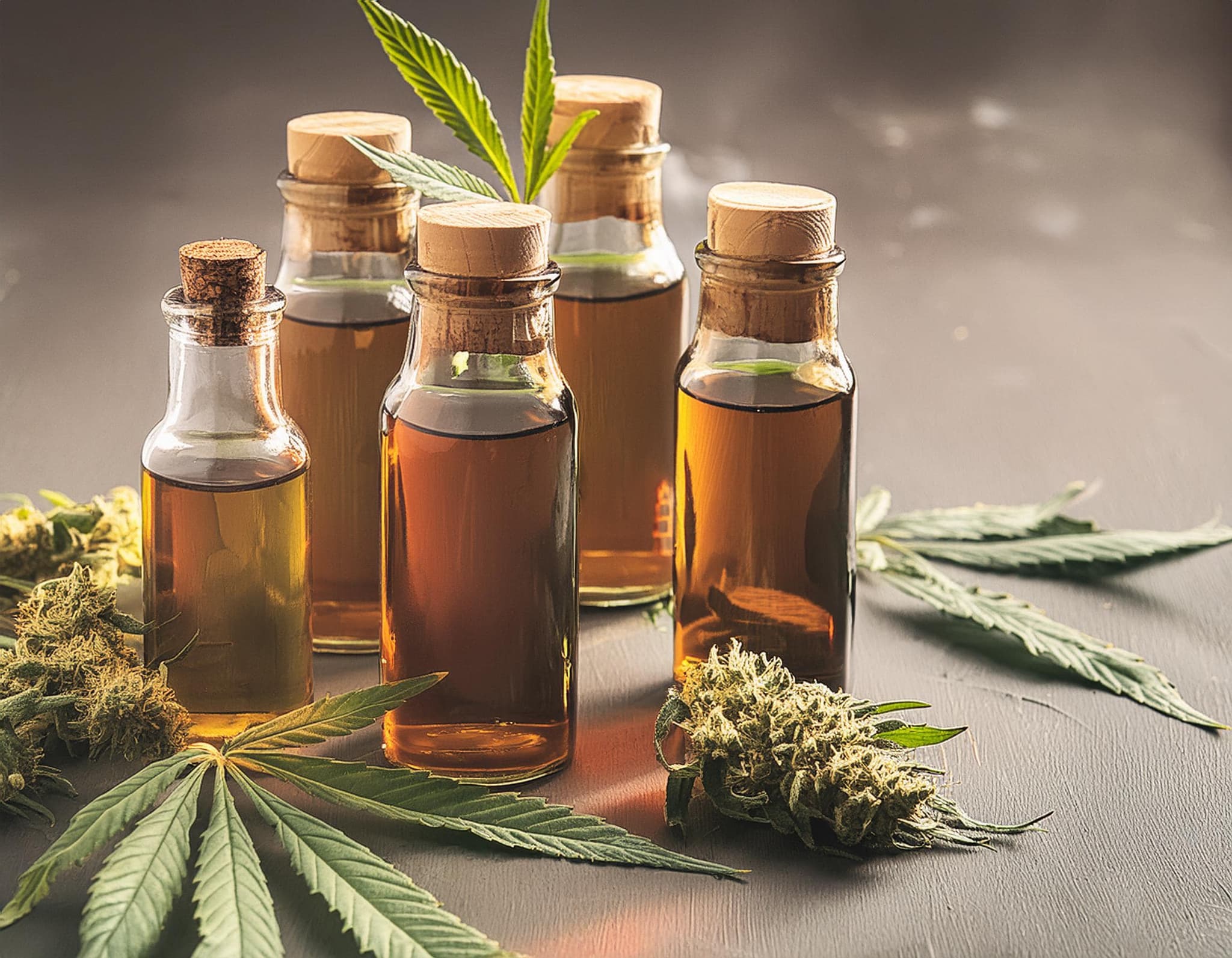 Glasfläschchen mit CBD-Öl neben Cannabisblüten und -blättern