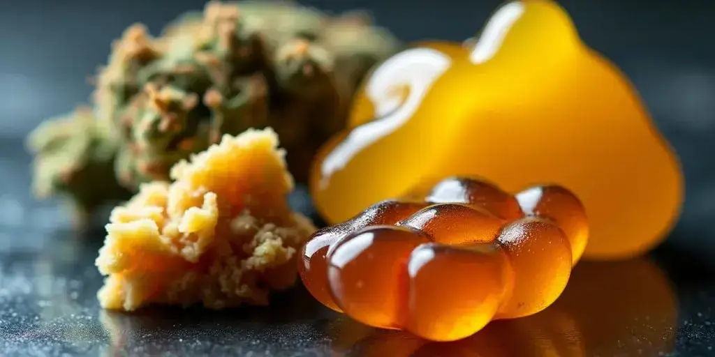 Nahaufnahme: orange Gummis, bernsteinfarbene Cannabiskonzentrate und grüne Blüte.