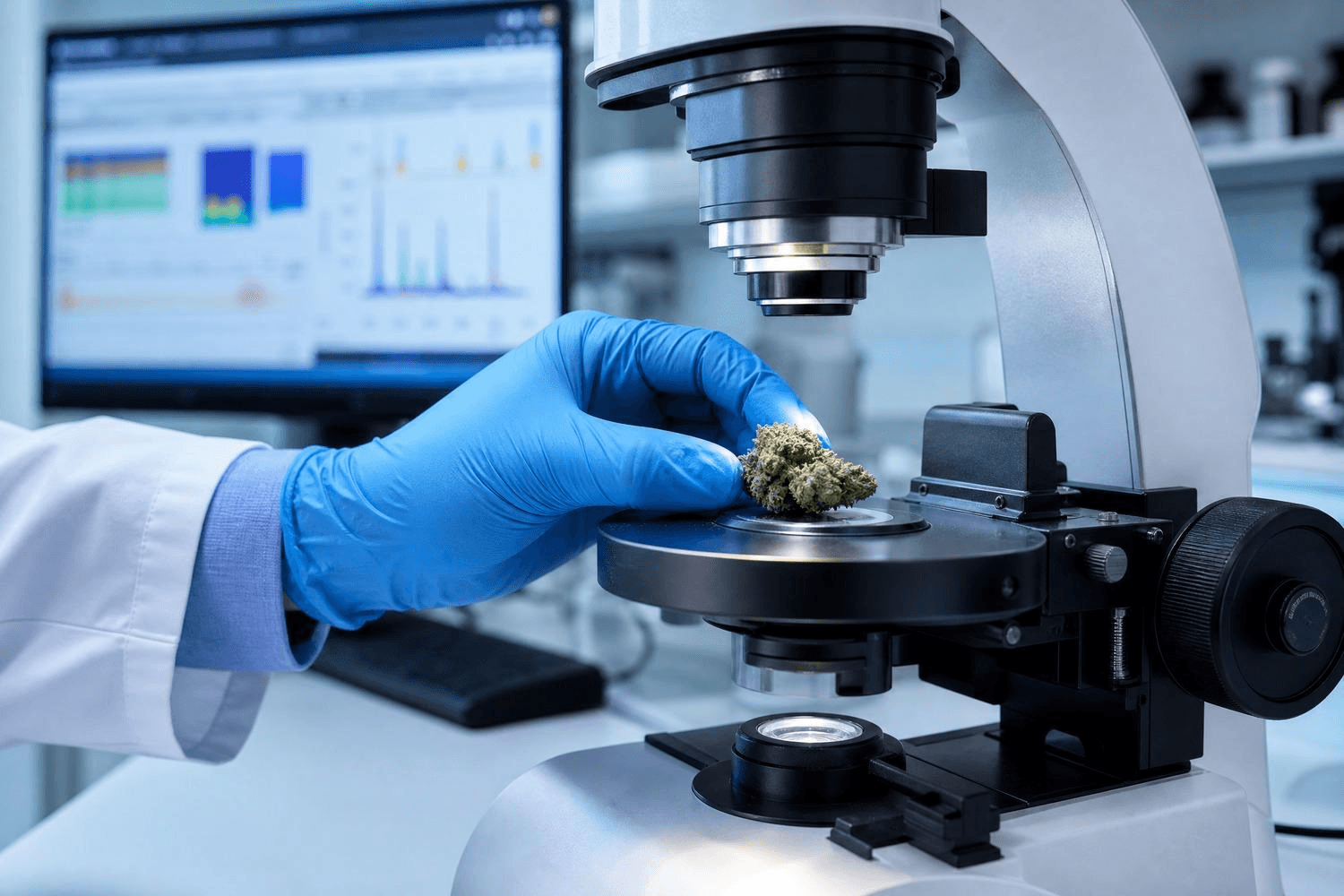 Laborant mit blauem Handschuh legt eine Cannabisblüte unter ein Mikroskop zur wissenschaftlichen Analyse. Im Hintergrund ein Monitor mit Chromatogramm-Daten. Laboruntersuchung von Cannabis-Inhaltsstoffen wie Terpenen und Flavorants.