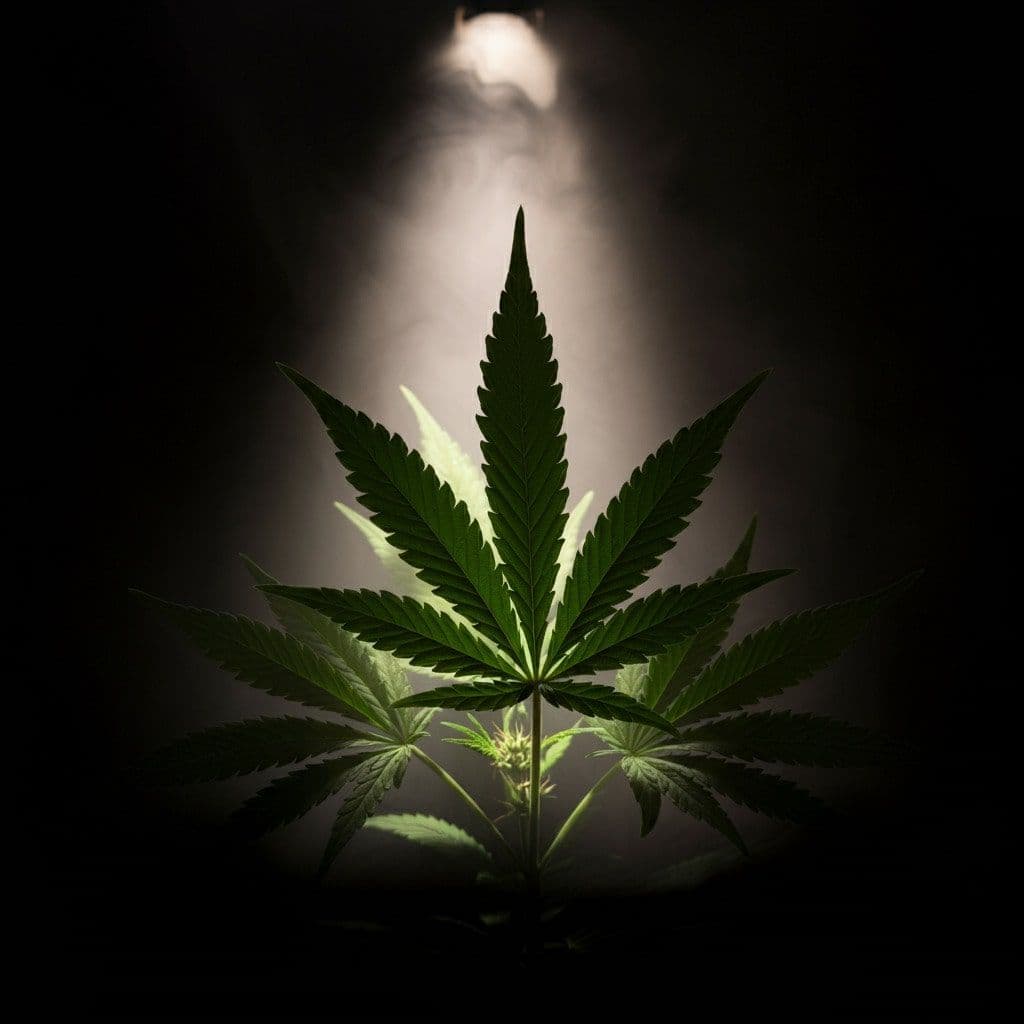 Cannabisblatt im Lichtkegel vor dunklem Hintergrund