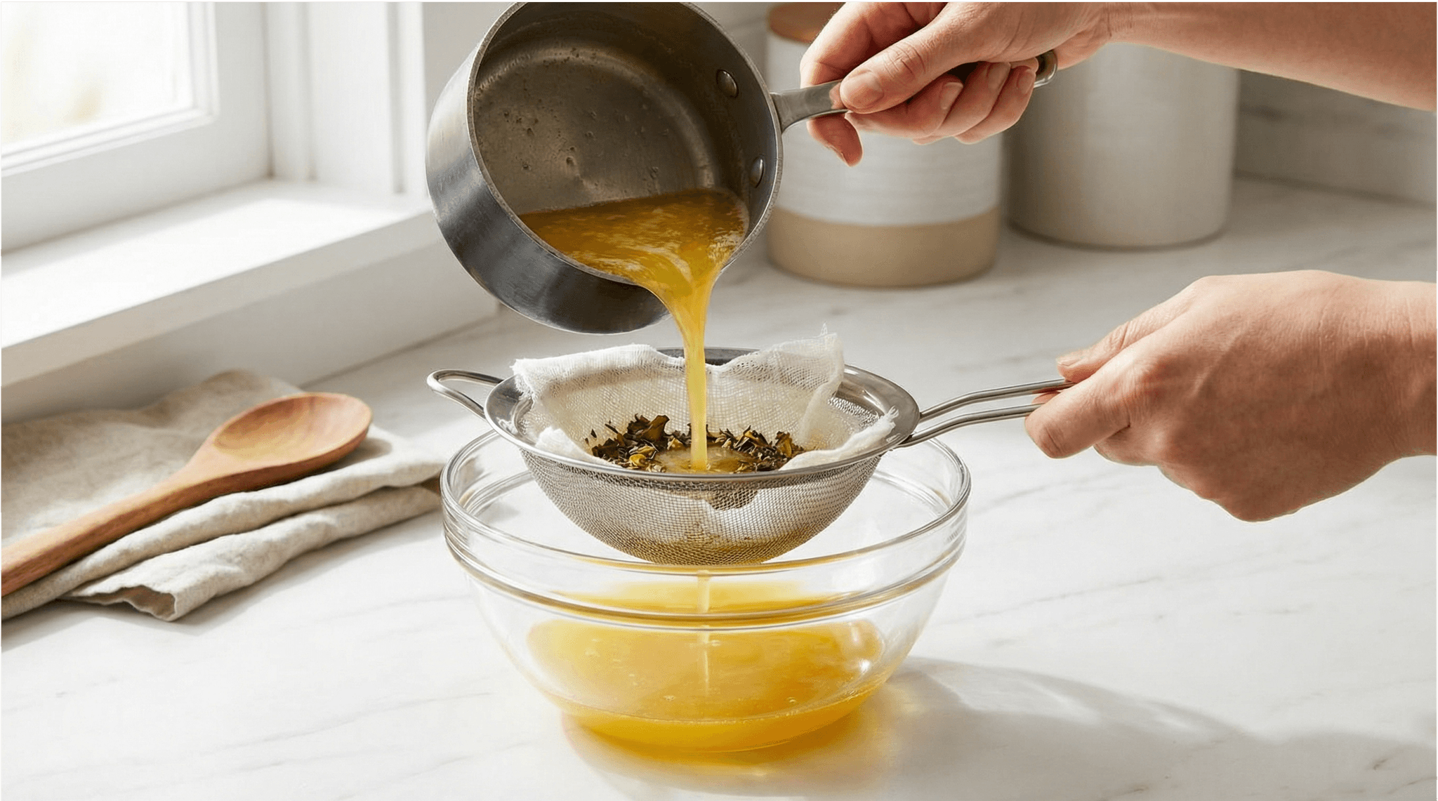 Butter mit Cannabis Blüten wird durch gefiltert.