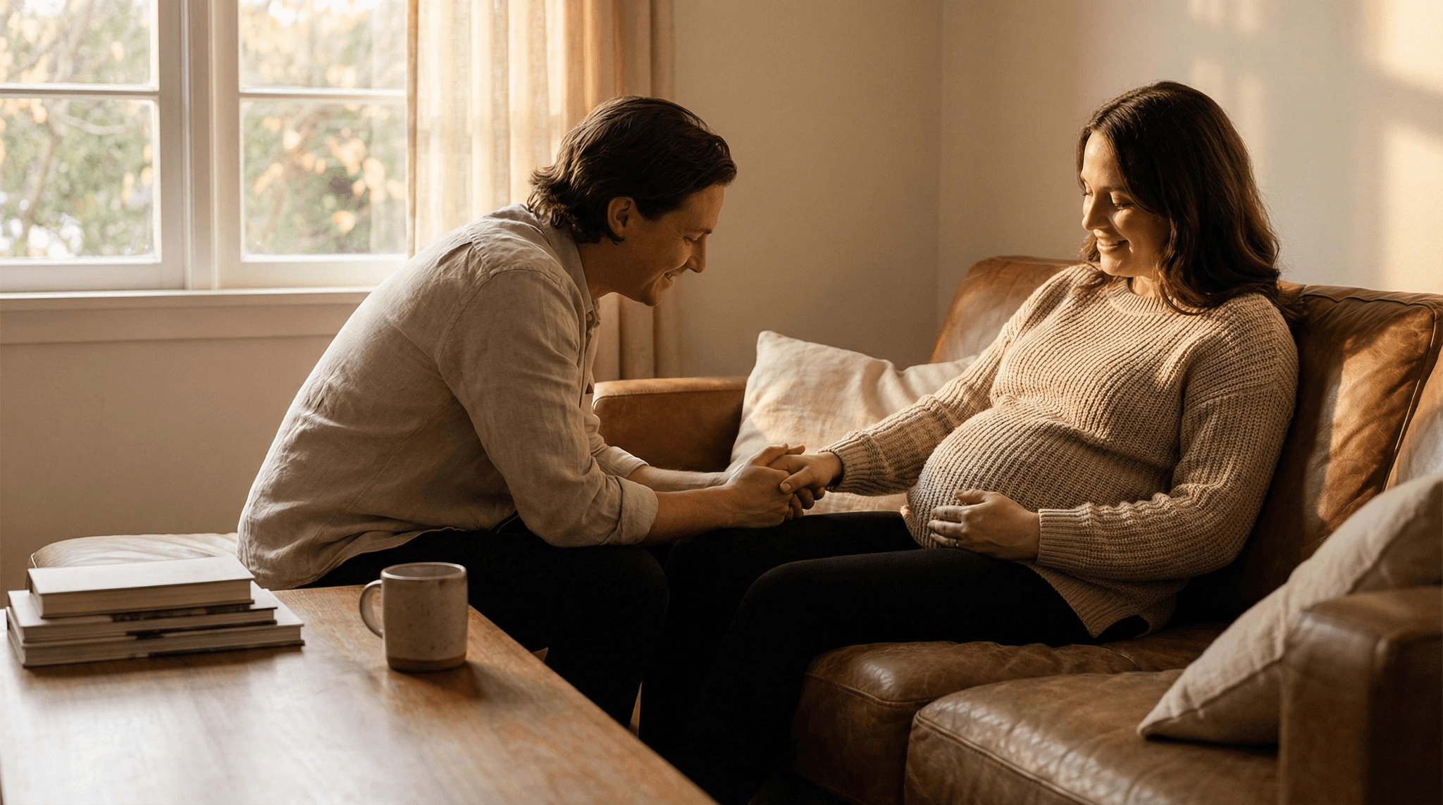 Schwangere Frau sitzt entspannt auf dem Sofa und hält die Hand ihres Partners – ein Bild für Fürsorge und Verantwortung in der Schwangerschaft, in der informierte Entscheidungen über Nahrungsergänzungsmittel wie CBD besonders wichtig sind.