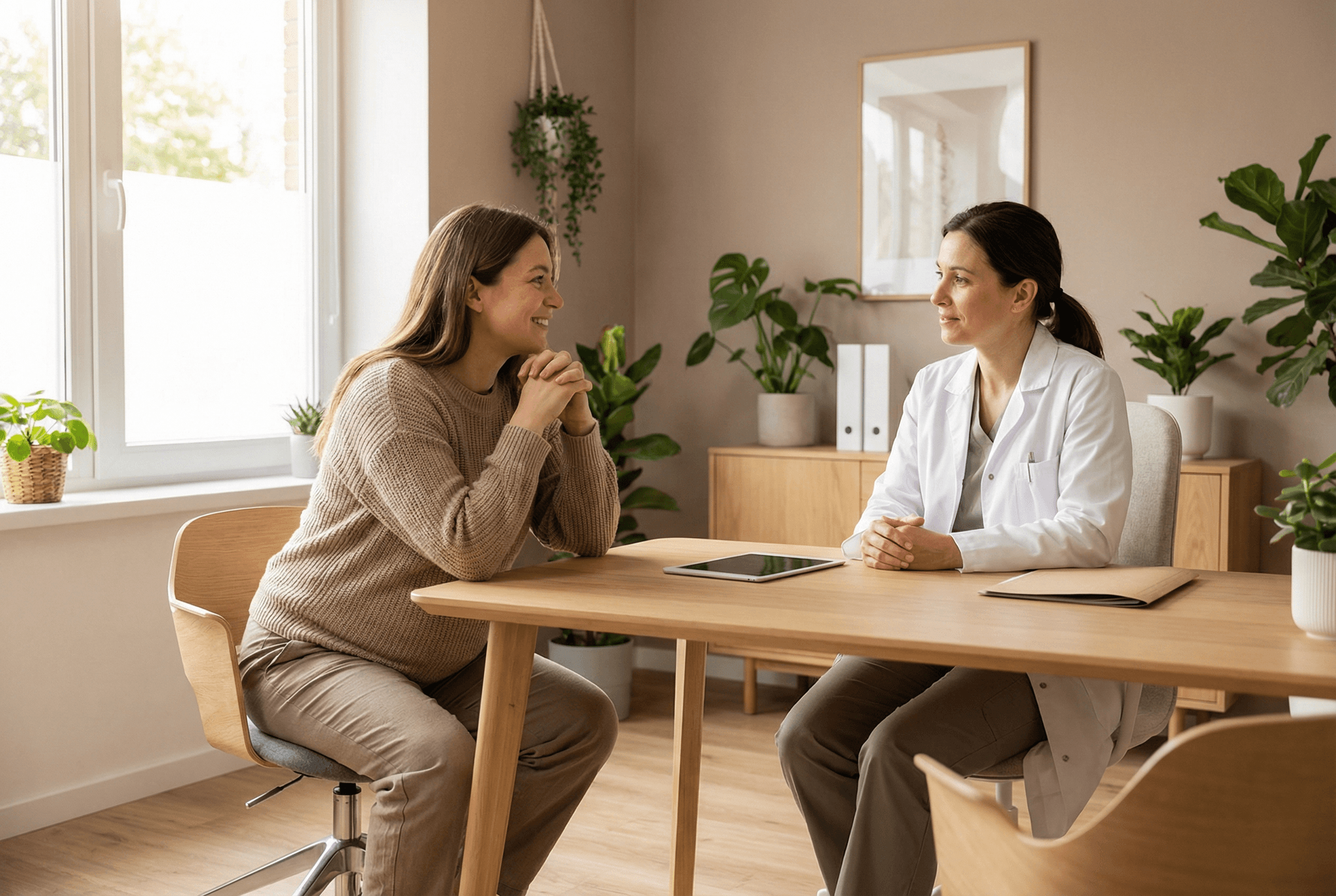 Schwangere Frau im vertrauensvollen Gespräch mit ihrer Ärztin in einer hellen Arztpraxis.