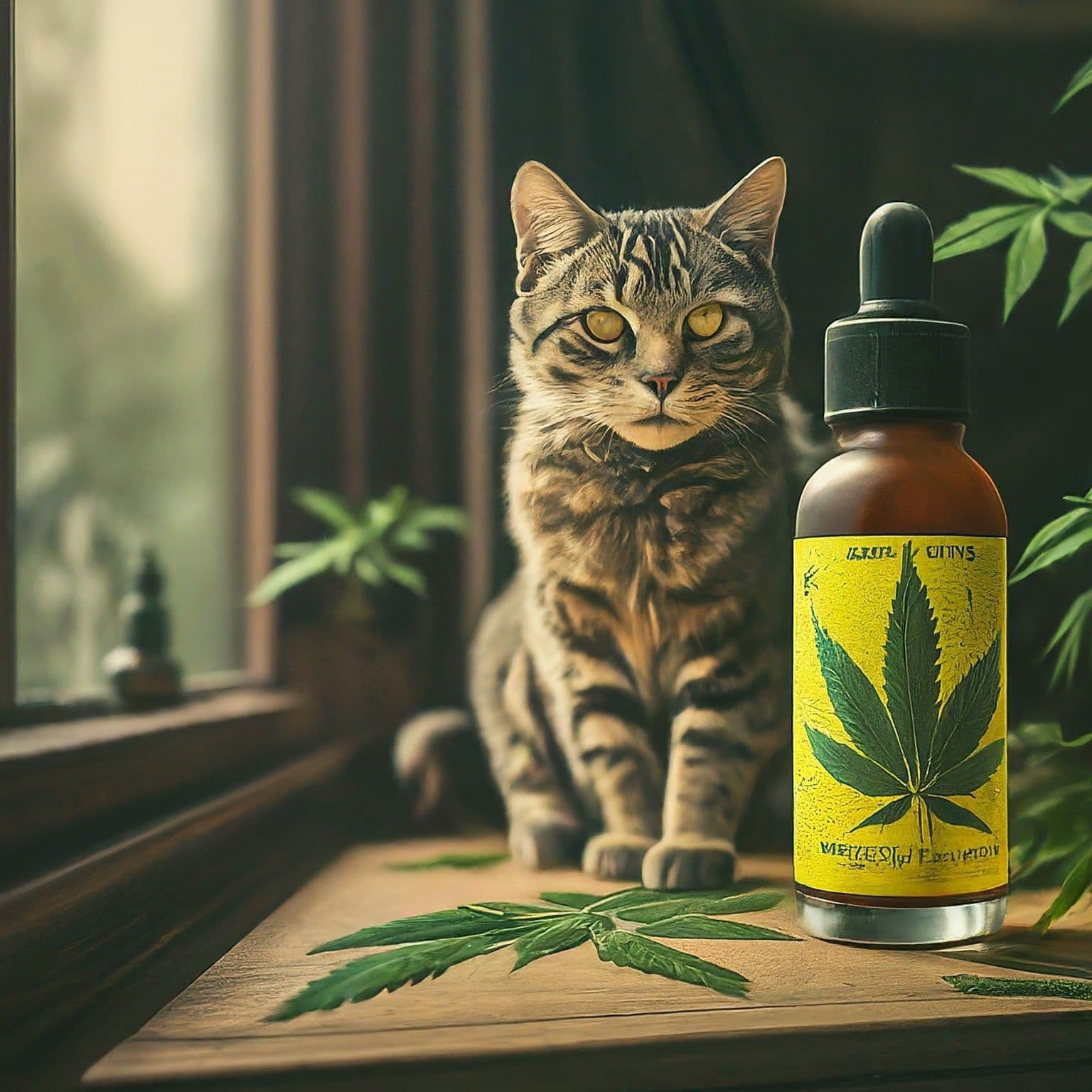 Gestreifte Katze neben Flasche mit Cannabisblatt-Etikett auf Holztisch