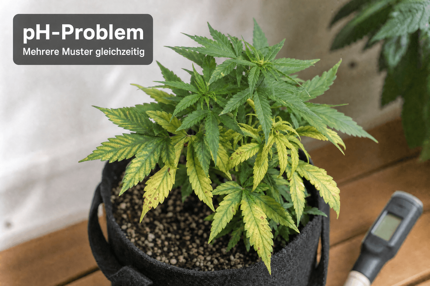 Cannabispflanze mit mehreren unterschiedlichen Blattverfärbungen neben einem pH-Messgerät.