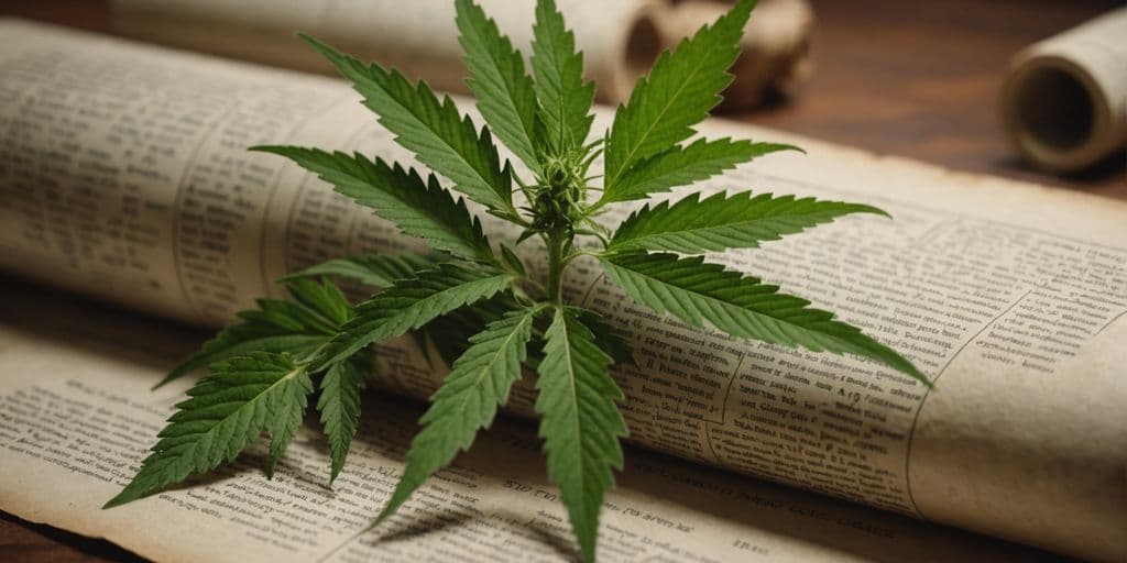 Grünes Cannabisblatt auf gerollter Zeitung