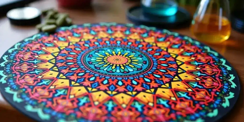 Buntes rundes Mandala auf runder Matte, unscharfer Hintergrund