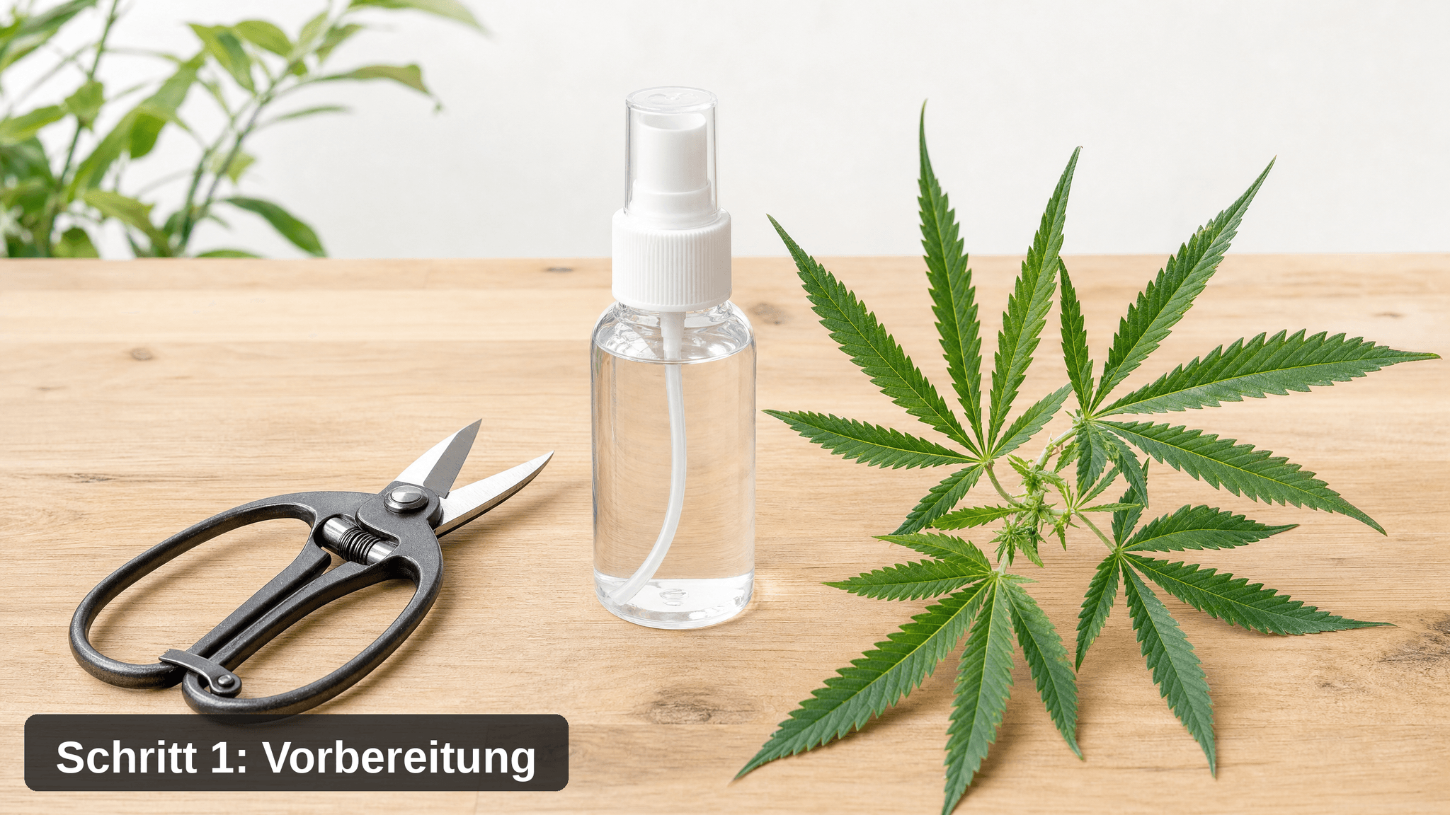 Gartenschere, Desinfektionsspray und ein frischer Cannabiszweig auf einem Holztisch – die benötigten Werkzeuge zur Vorbereitung vor dem Beschneiden einer Cannabispflanze, Schritt 1 der Anleitung.
