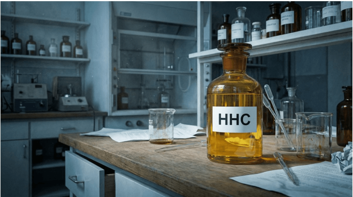 Braune Laborflasche mit der Aufschrift „HHC" auf einem Holztisch in einem Chemielabor – symbolisch für die halbsynthetische Herstellung von Hexahydrocannabinol im Labor.