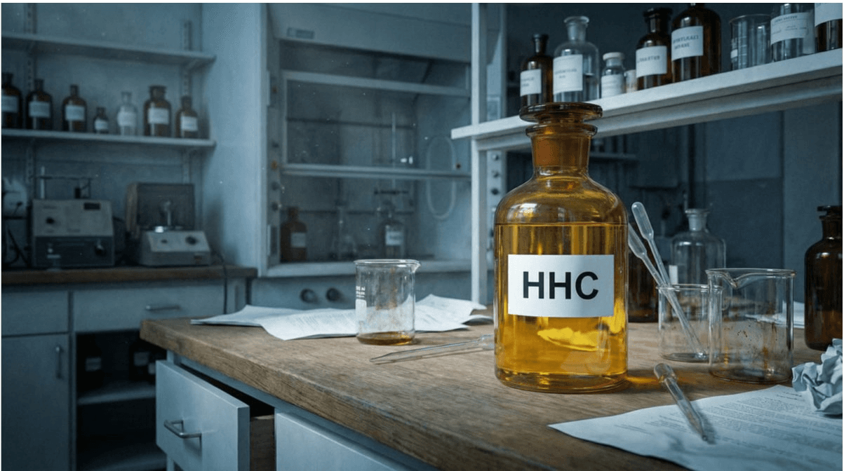Braune Laborflasche mit der Aufschrift „HHC" auf einem Holztisch in einem Chemielabor – symbolisch für die halbsynthetische Herstellung von Hexahydrocannabinol im Labor.