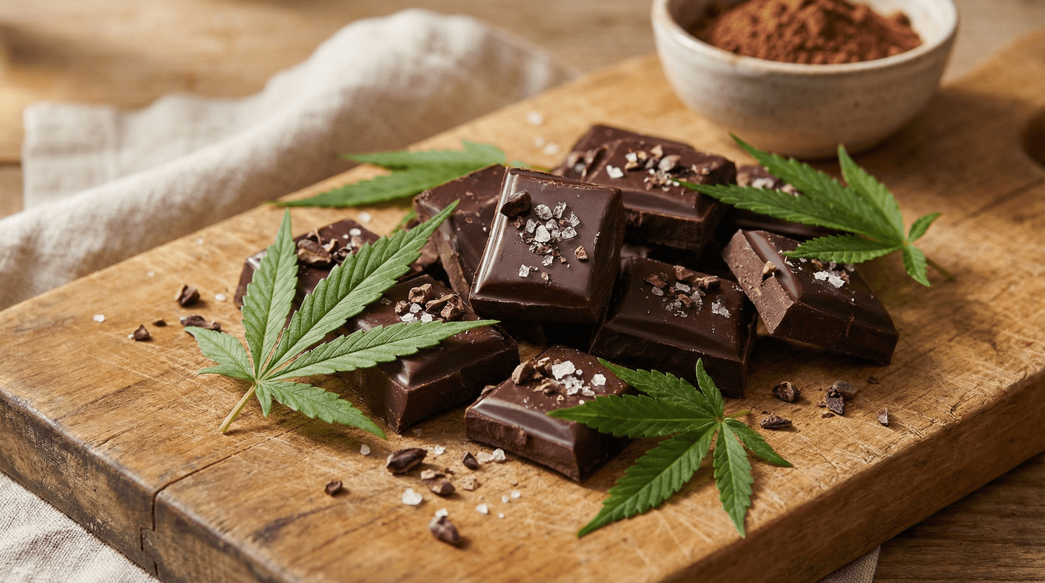Cannabis-Schokolade mit Meersalz auf Holzbrett, dekoriert mit Cannabis-Blättern