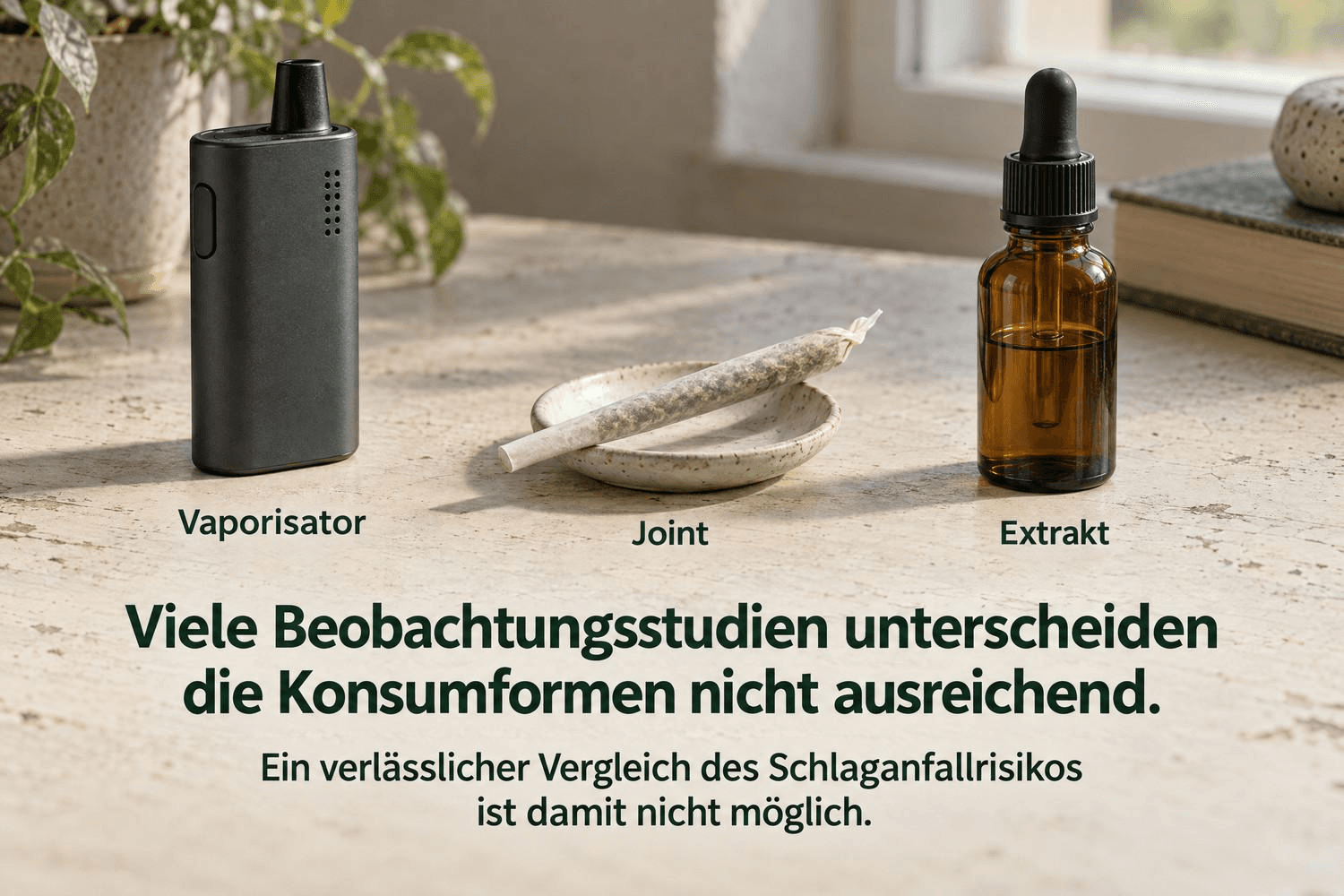 Vaporisator, gedrehter Cannabis-Joint und Fläschchen mit Extrakt auf einem Tisch. Eingeblendeter Hinweis: Viele Beobachtungsstudien unterscheiden die Konsumformen nicht ausreichend; ein verlässlicher Vergleich des Schlaganfallrisikos ist daher nicht möglich.
