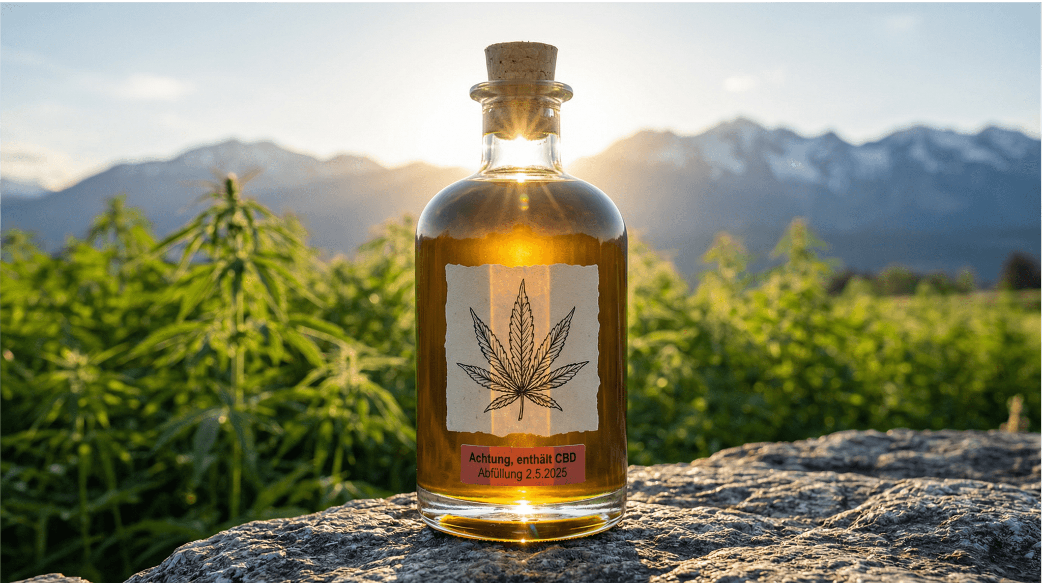 Cannabis-Öl in Glasflasche mit CBD-Etikett vor Cannabisfeld und Bergpanorama