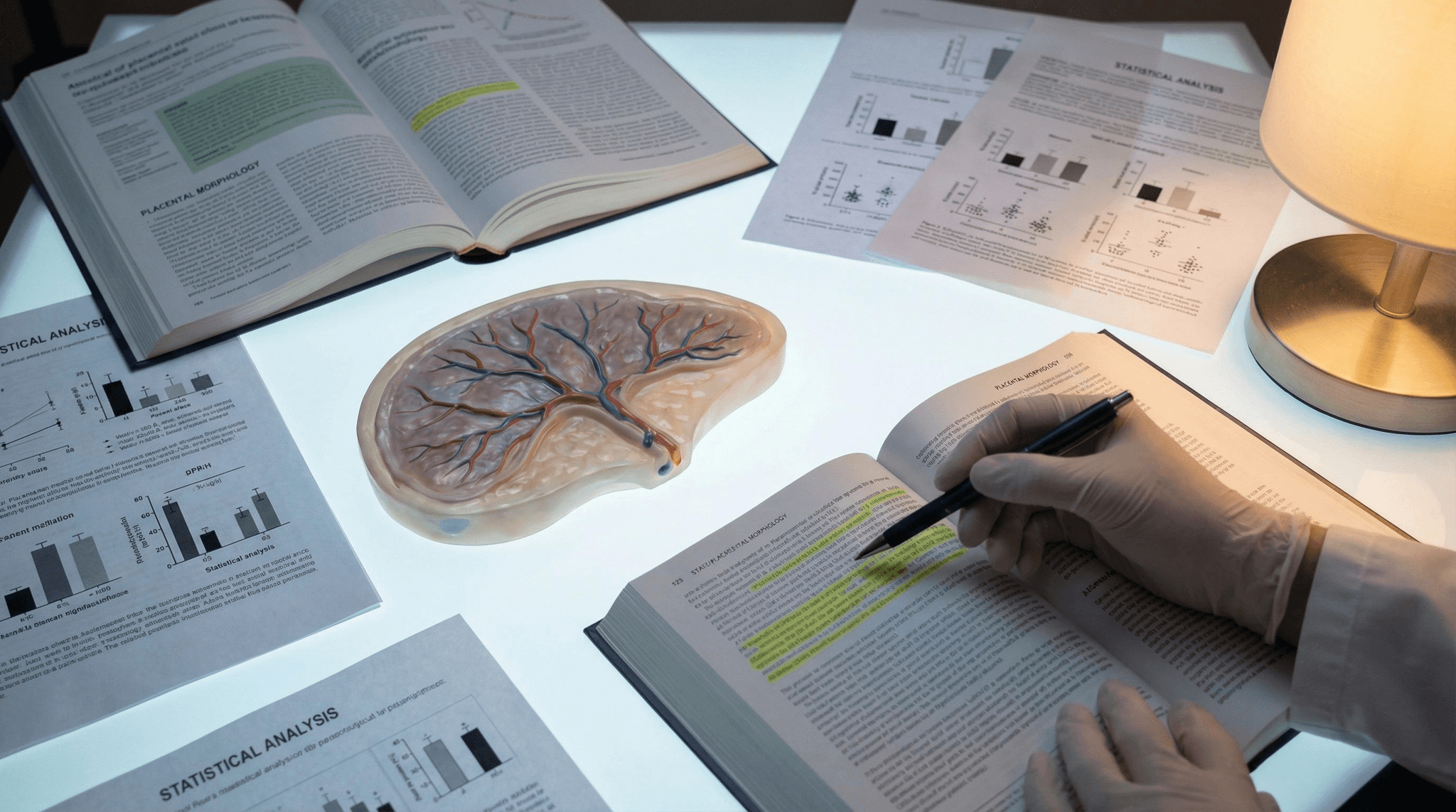 Anatomisches Plazenta-Modell umgeben von wissenschaftlichen Studien und statistischen Auswertungen – veranschaulicht die Forschungslage zum Plazenta-Transfer von CBD und die noch lückenhaften Sicherheitsdaten für die Schwangerschaft.