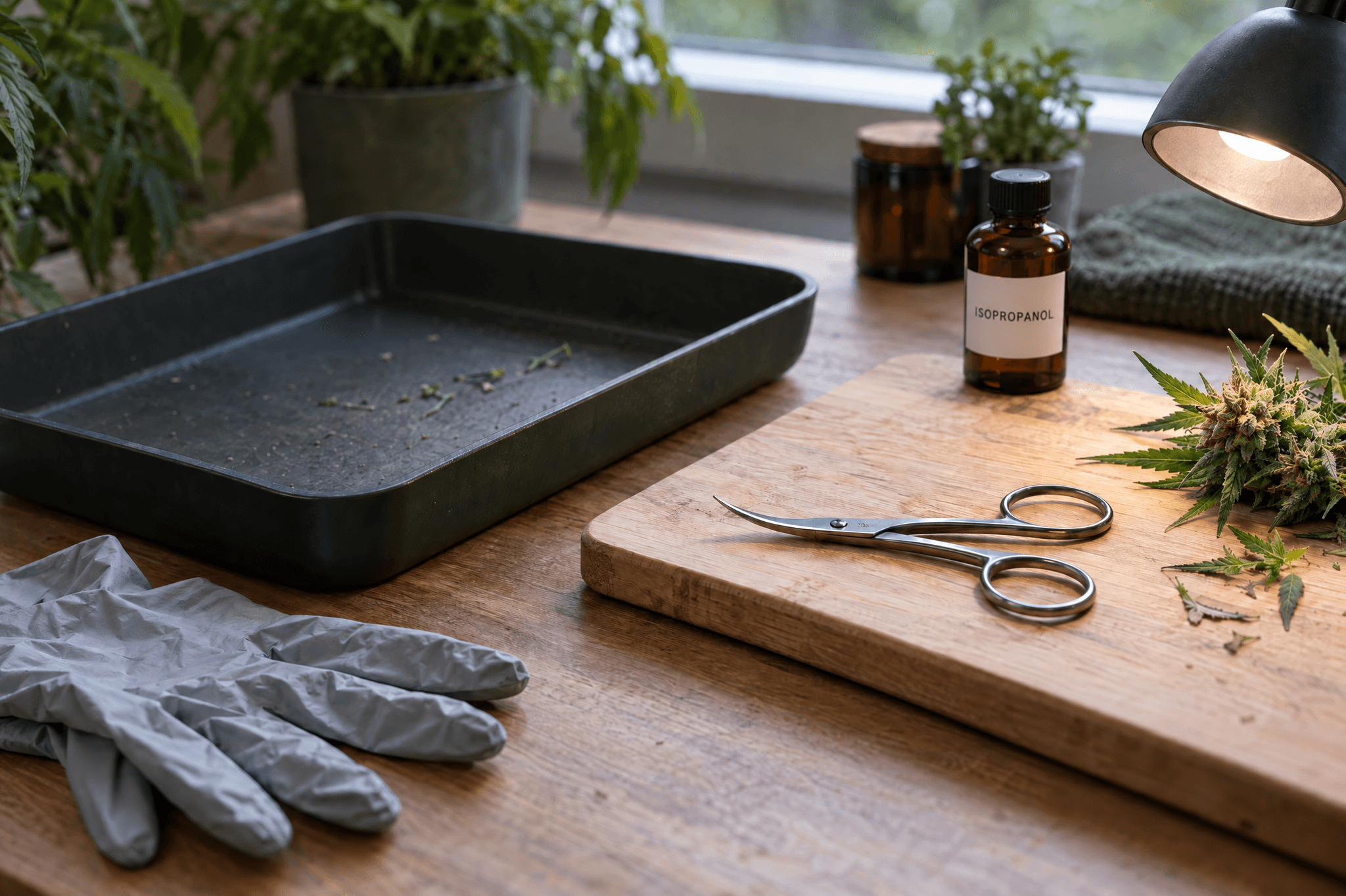 Trimmschere, Handschuhe, Auffangschale, Schneidebrett und eine Flasche Isopropanol liegen auf einem hellen Holztisch für das Cannabis-Trimmen bereit.