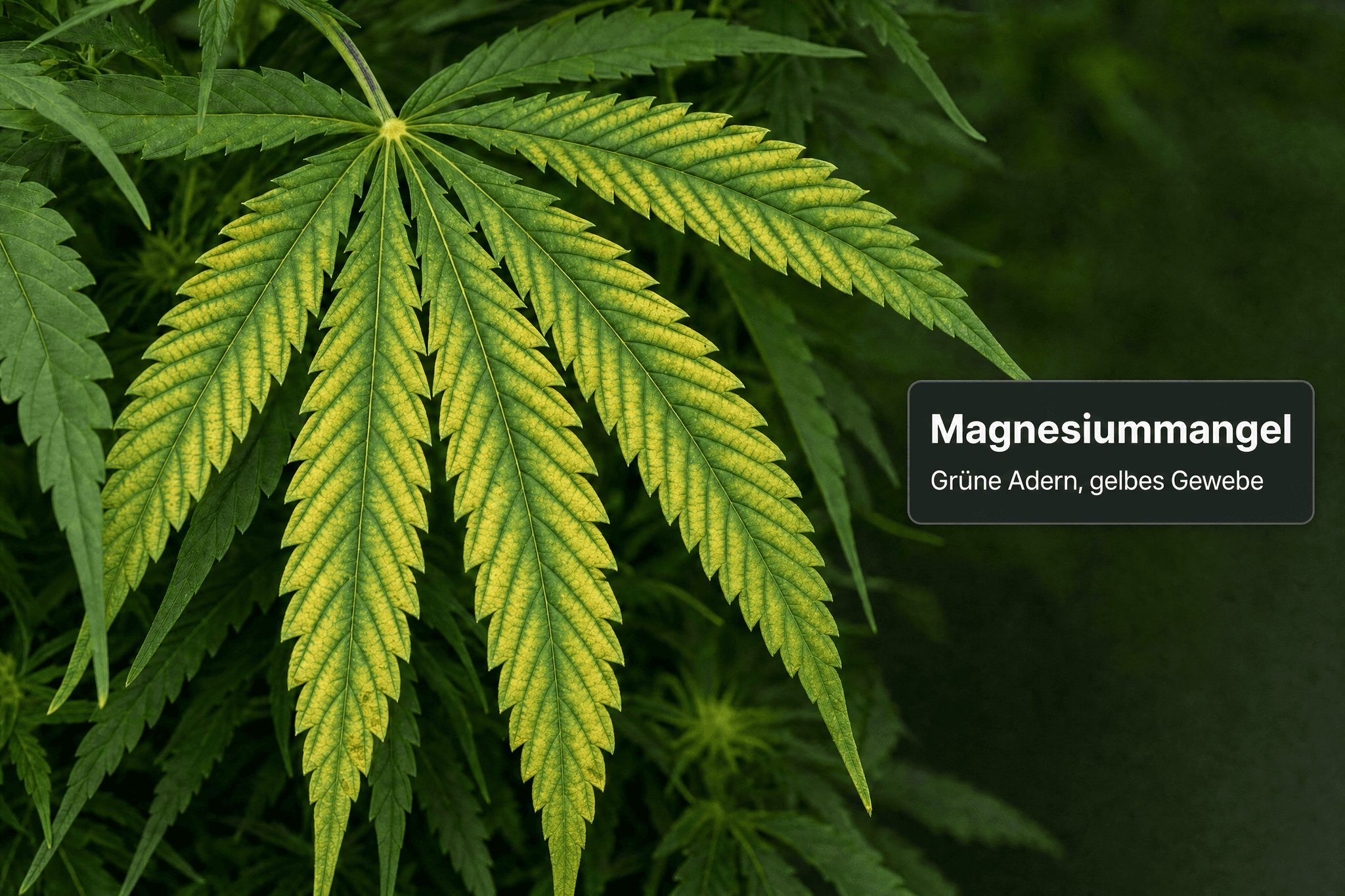Cannabis-Fächerblatt mit langen gezähnten Fiederblättchen, dunkelgrünen Blattadern und gelblichem Gewebe zwischen den Adern.