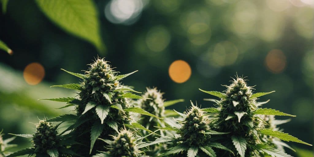 Nahaufnahme reifer Cannabisblüten mit Harztrichomen und gezackten Blättern, unscharfer Hintergrund