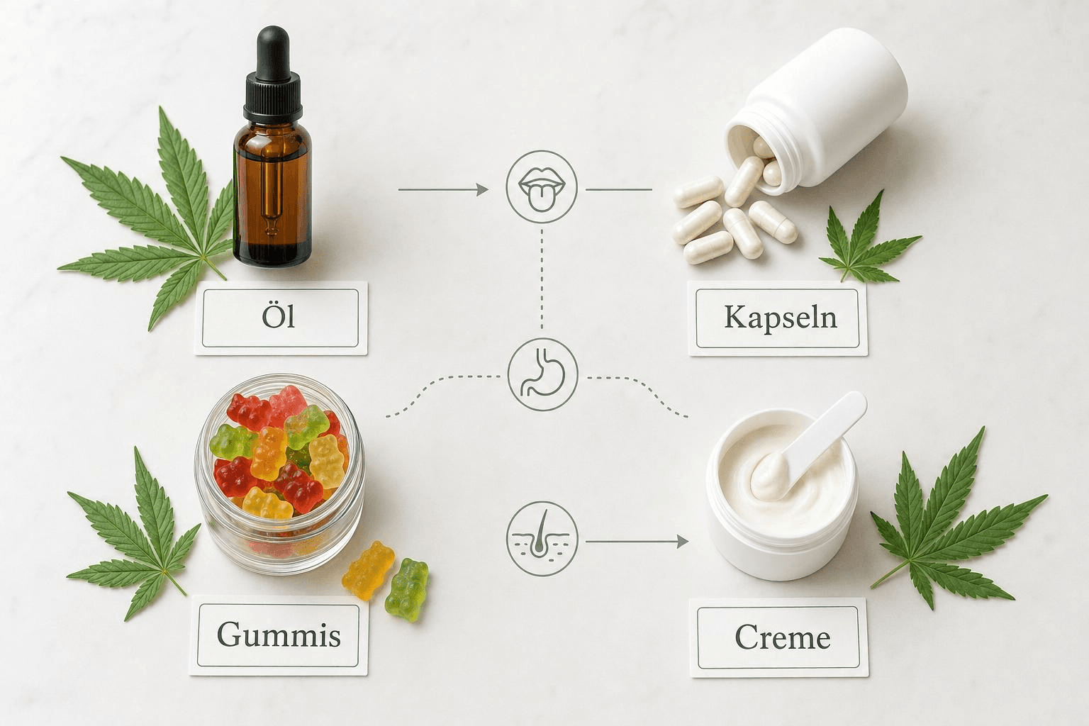 Übersicht der CBD-Produktformen: CBD-Öl, Kapseln, Gummibärchen und Creme auf weißer Marmoroberfläche mit Icons für die Aufnahmewege – sublingual, Verdauungsweg und lokal