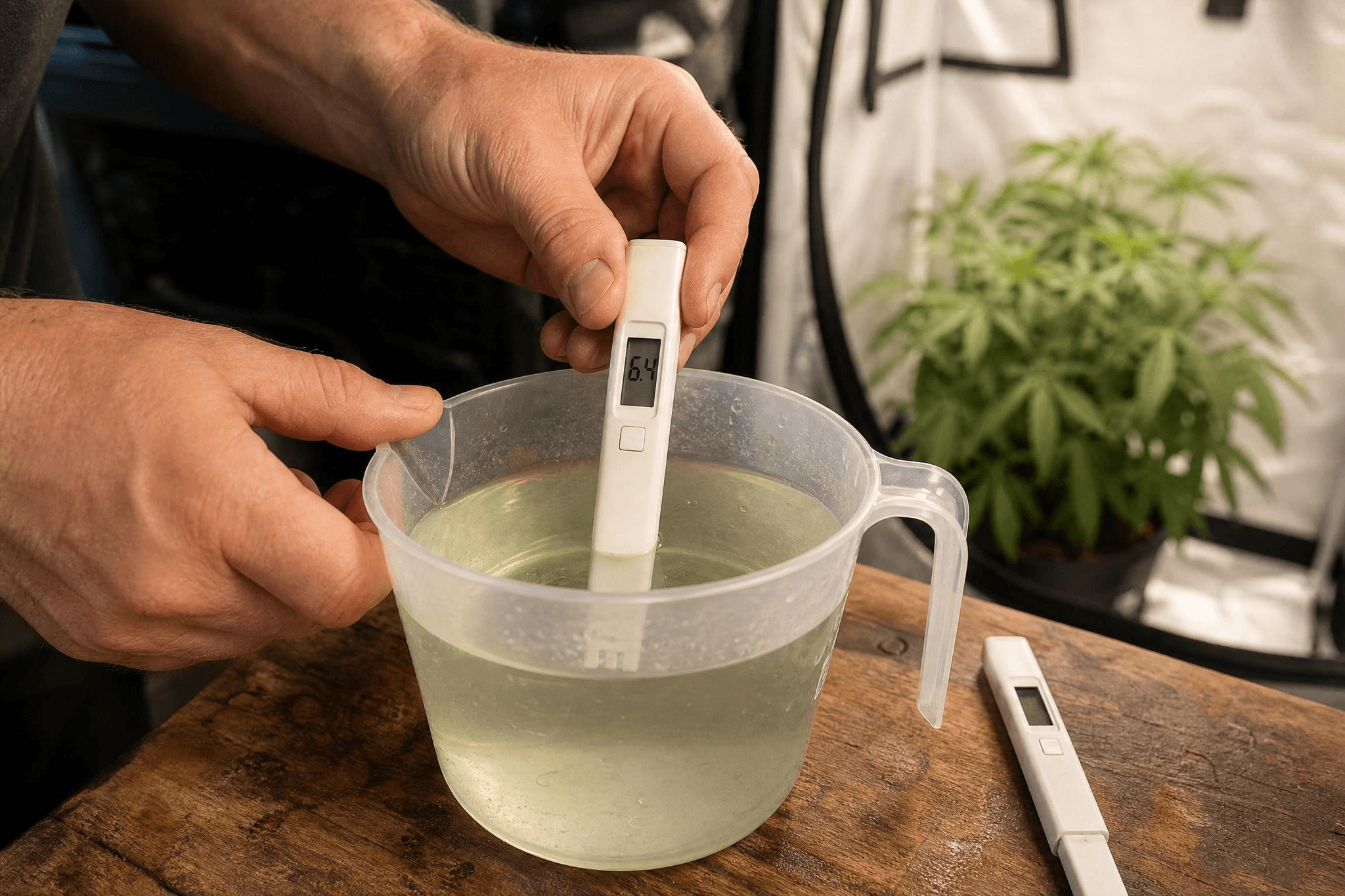 Person misst den pH-Wert von Nährstofflösung in einem Messbecher mit einem digitalen pH-Stiftmessgerät (Anzeige: 6,4), EC-Meter liegt daneben auf dem Arbeitstisch, im Hintergrund ein Growzelt mit Cannabispflanze