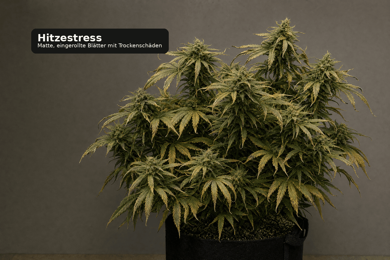 Cannabispflanze mit matten, leicht eingerollten Blättern und trockenen braunen Spitzen durch Hitzestress.