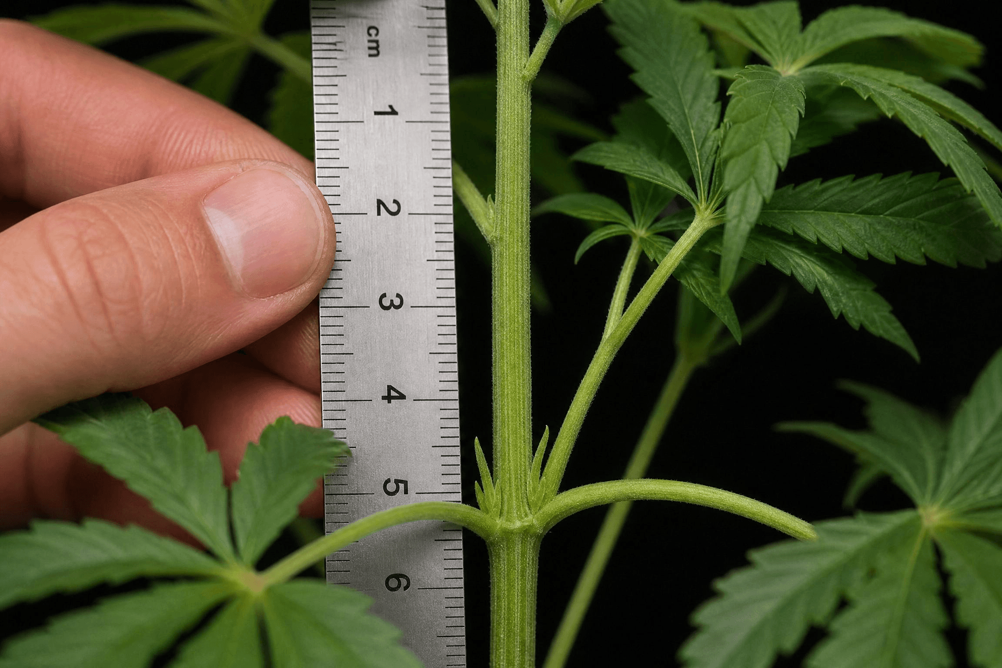 Hand hält ein Metalllineal an den Stängel einer Cannabispflanze und misst 2 bis 3 Zentimeter oberhalb eines Knotens – der Mindestabstand vor dem Schnitt