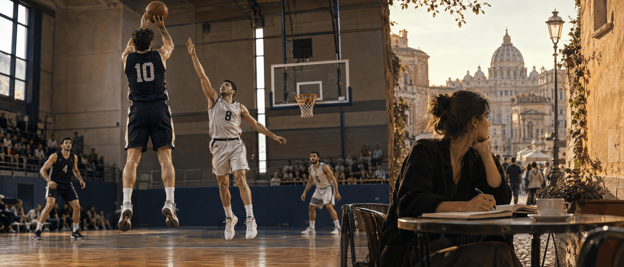Basketball-Sprungwurf trifft schreibende Frau im römischen Straßencafé: Kreativität als Flow-Zustand.