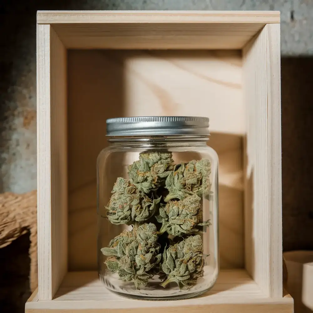 Glas mit getrockneten Cannabisblüten in Holzrahmen