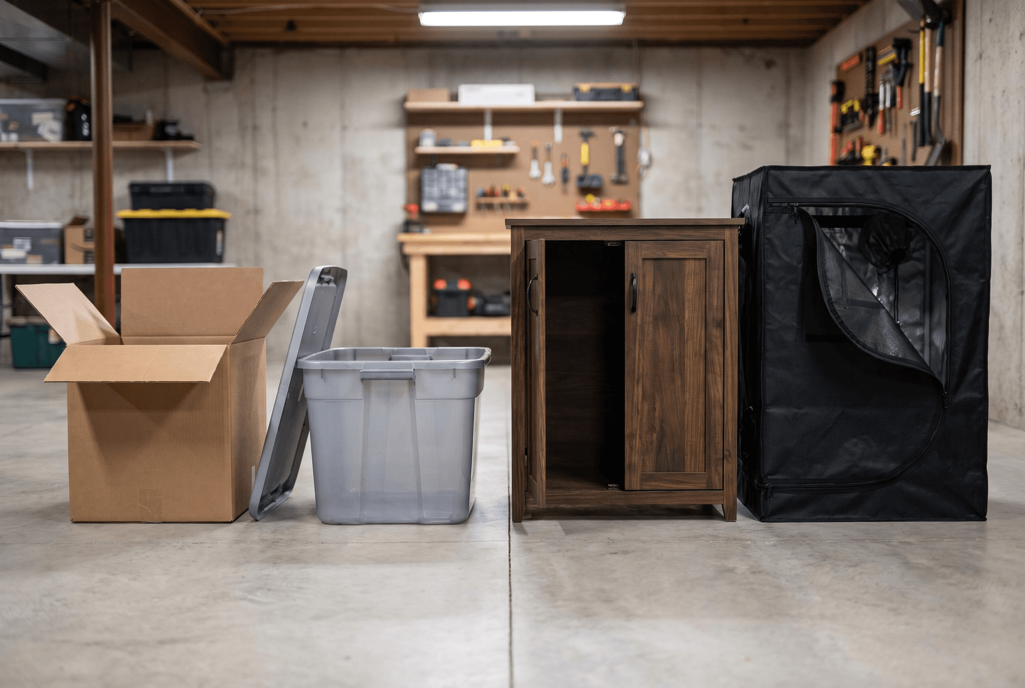 Vier mögliche Gehäuse für eine Cannabis-Trockenbox nebeneinander im Keller: Karton, Plastikbox, Holzschrank und Growzelt