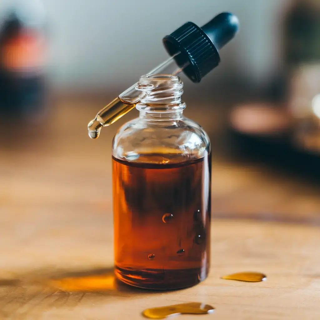 Glasflasche mit bernsteinfarbenem Öl und Pipette auf Holz