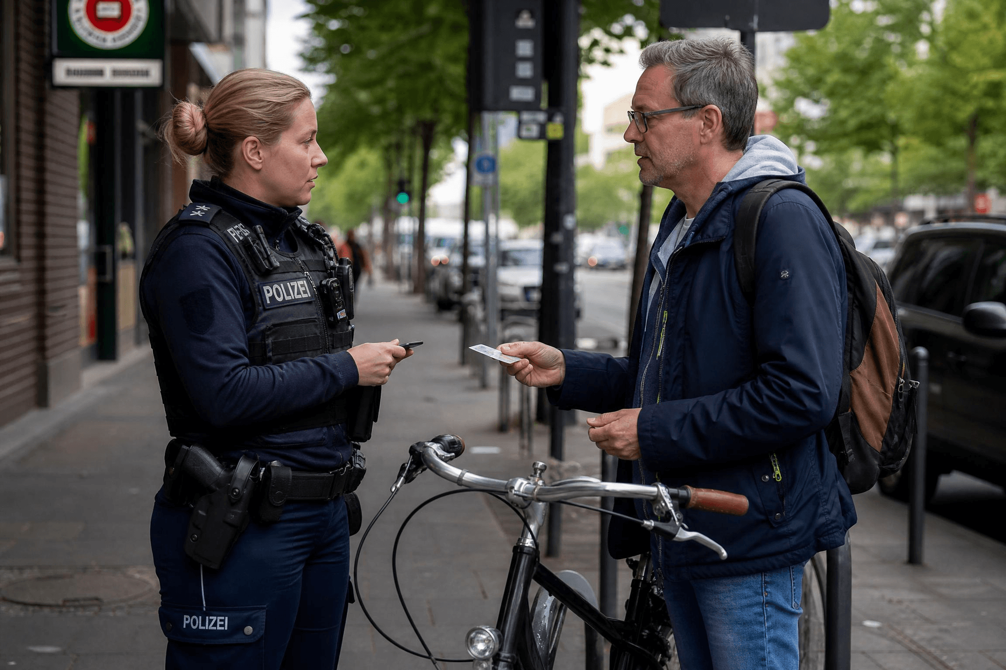 Polizistin in Uniform kontrolliert einen Radfahrer auf dem Gehweg