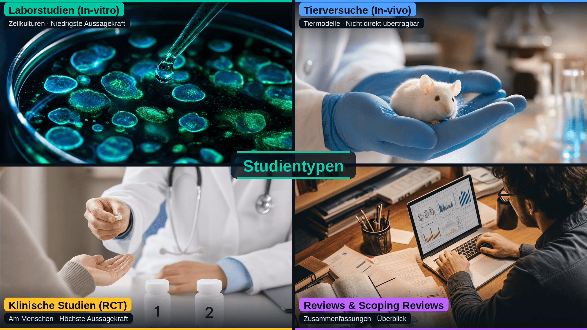 Collage mit vier Bildern zu den Studientypen in der medizinischen Forschung: Laborstudien (In-vitro), Tierversuche (In-vivo), Klinische Studien (RCT) und Reviews & Scoping Reviews – von niedrigster zu höchster Aussagekraft.