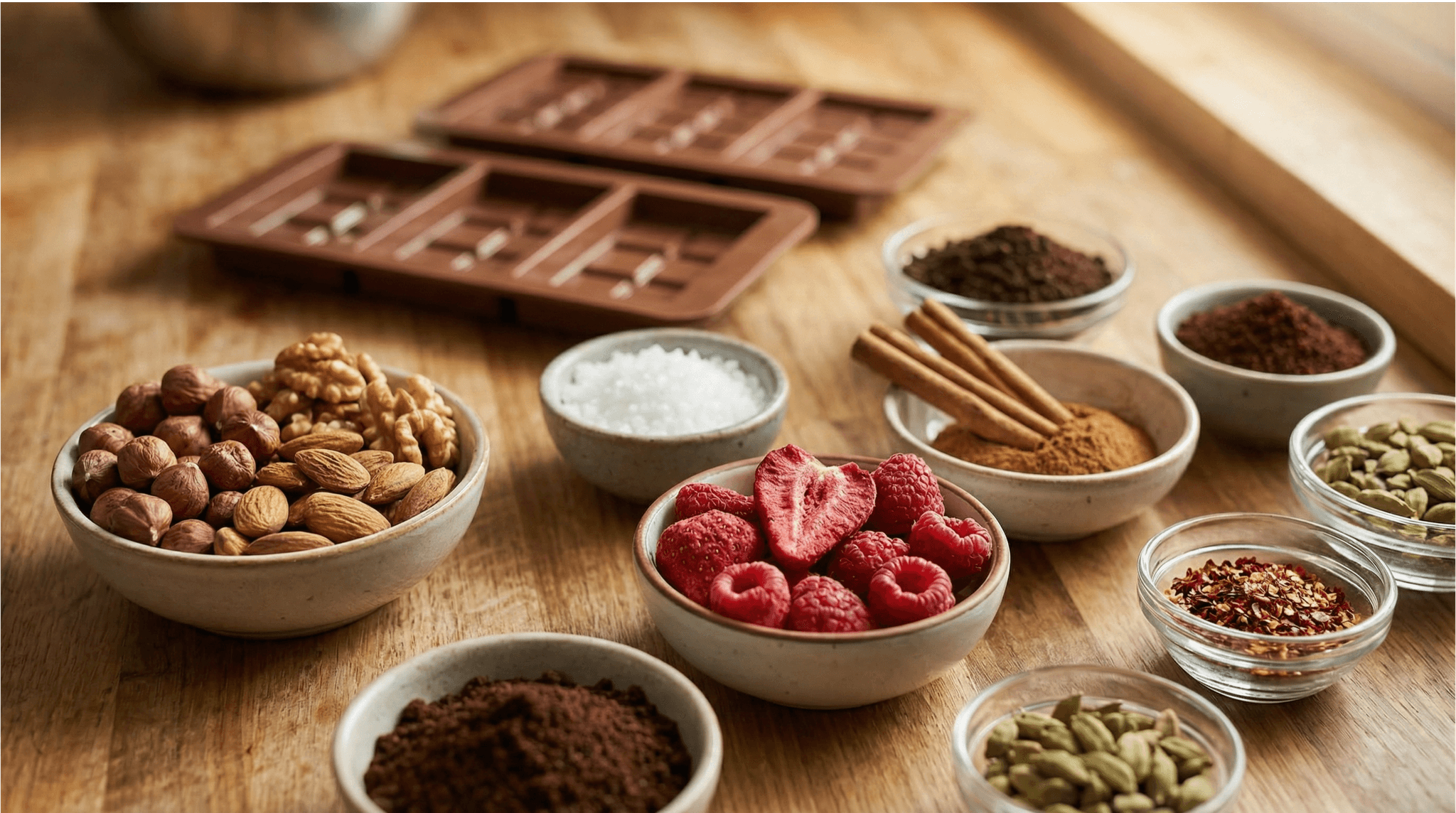 Verschiedene Toppings und Gewürze zur individuellen Gestaltung von Cannabis-Schokolade.