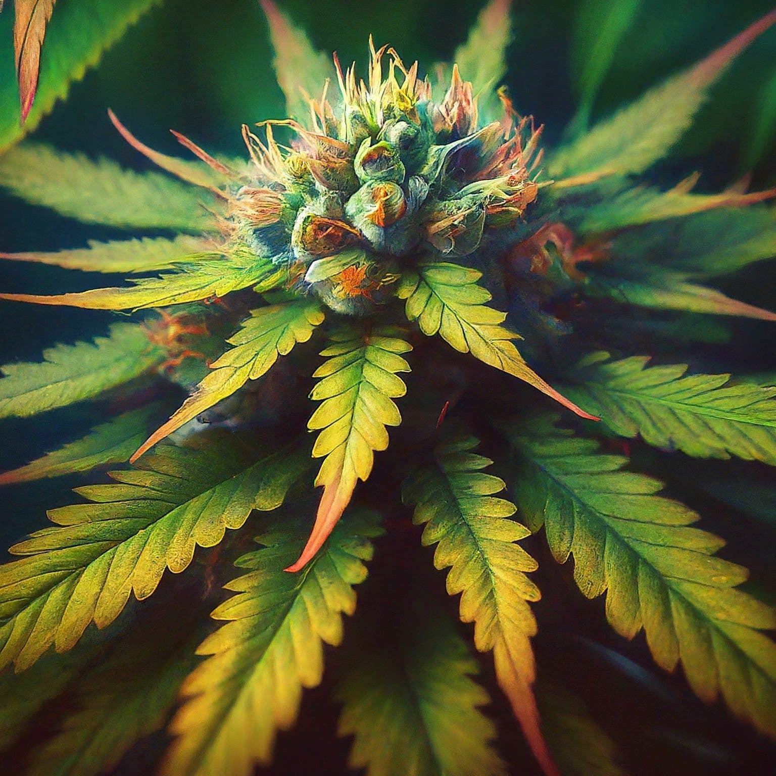 Makroaufnahme eines dichten Cannabisbuds mit gelb-grünen Fächerblättern