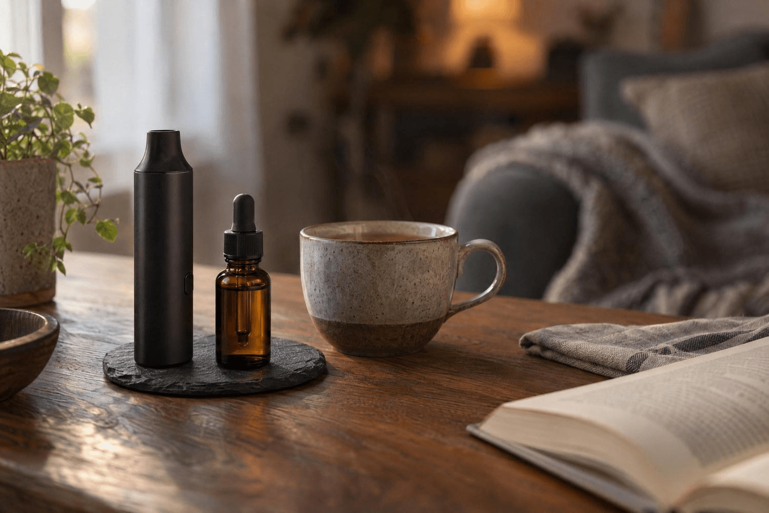 Auf einem dunklen Schieferuntersetzer auf einem Holztisch stehen ein schlankes schwarzes Vaporizer-Gerät und ein braunes Glasfläschchen mit Pipette; daneben eine Steinguttasse und ein aufgeschlagenes Buch im Abendlicht.